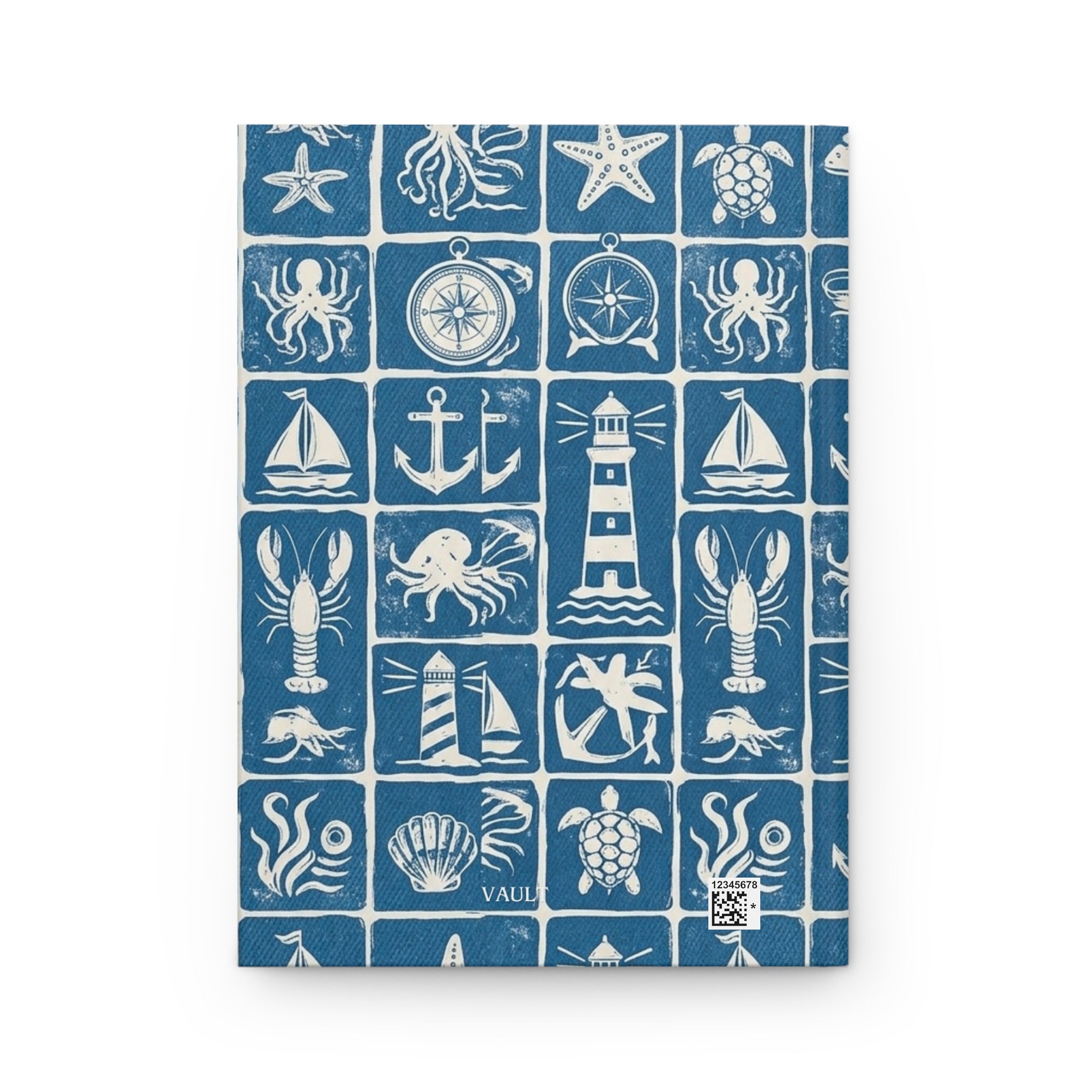 Nautical Icons Hardcover Journal — Compass, Lighthouse & Sea Life Pattern
