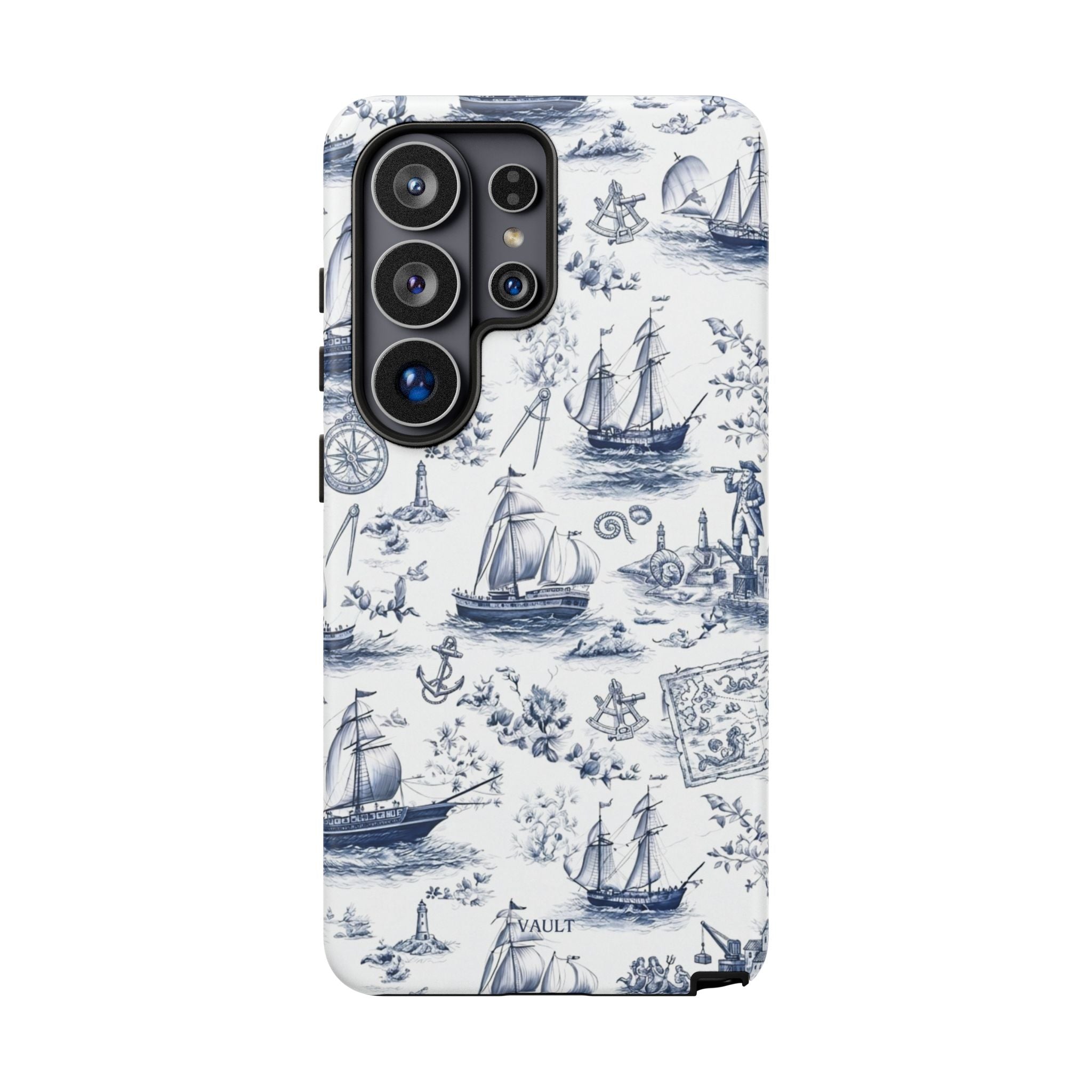 Nautical Vintage Ship Tough Phone Case — Blue Toile Sailboat Pattern