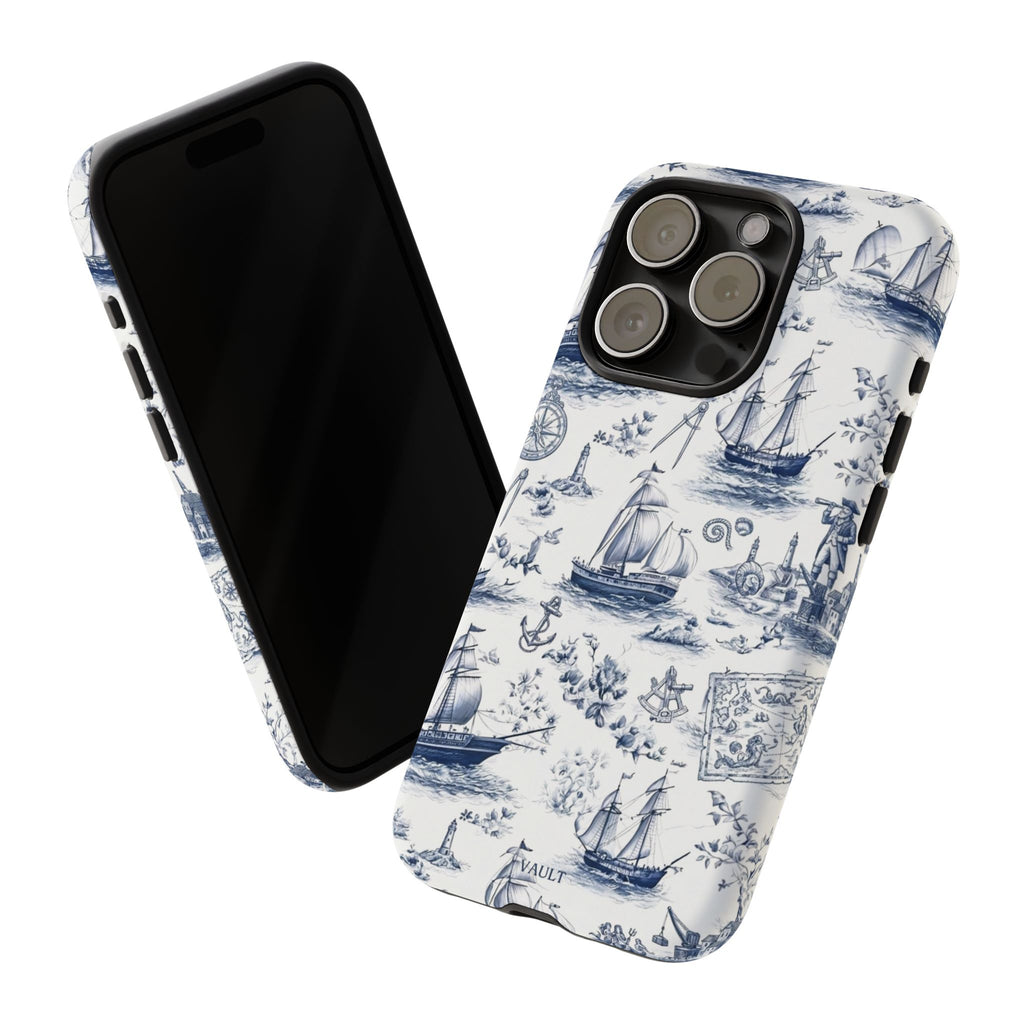 Nautical Vintage Ship Tough Phone Case — Blue Toile Sailboat Pattern