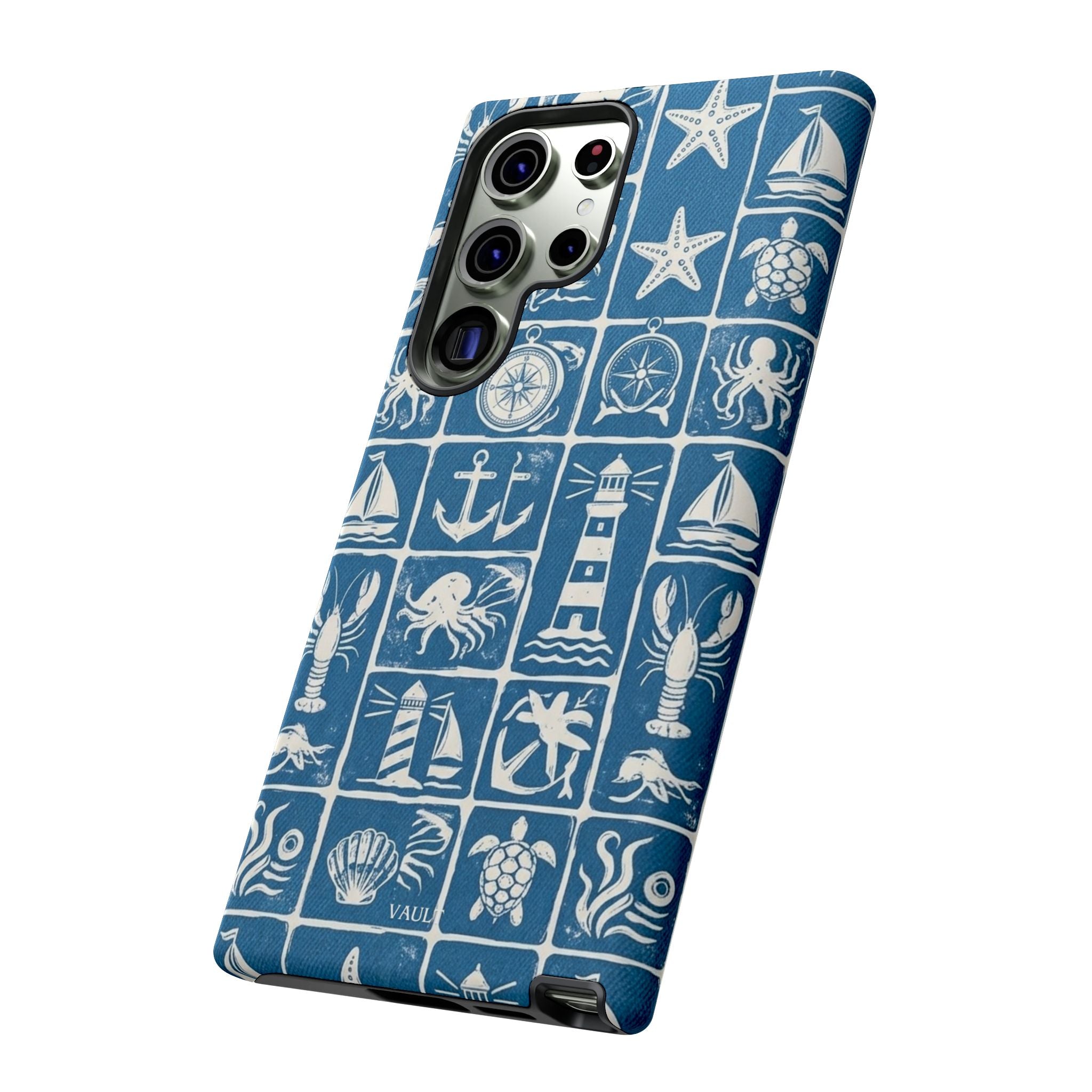 Nautical Tile Phone Case — Blue Coastal Icons (lighthouse, anchor, seashells)