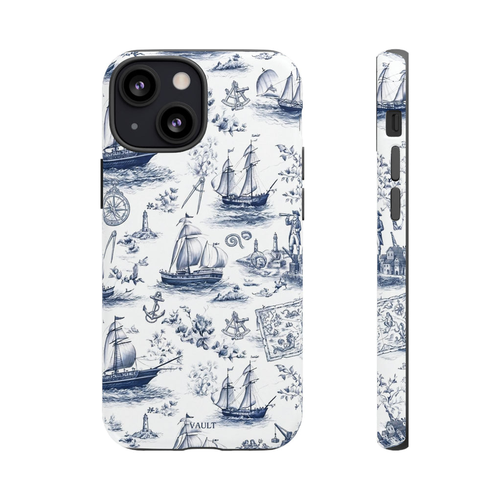 Nautical Vintage Ship Tough Phone Case — Blue Toile Sailboat Pattern