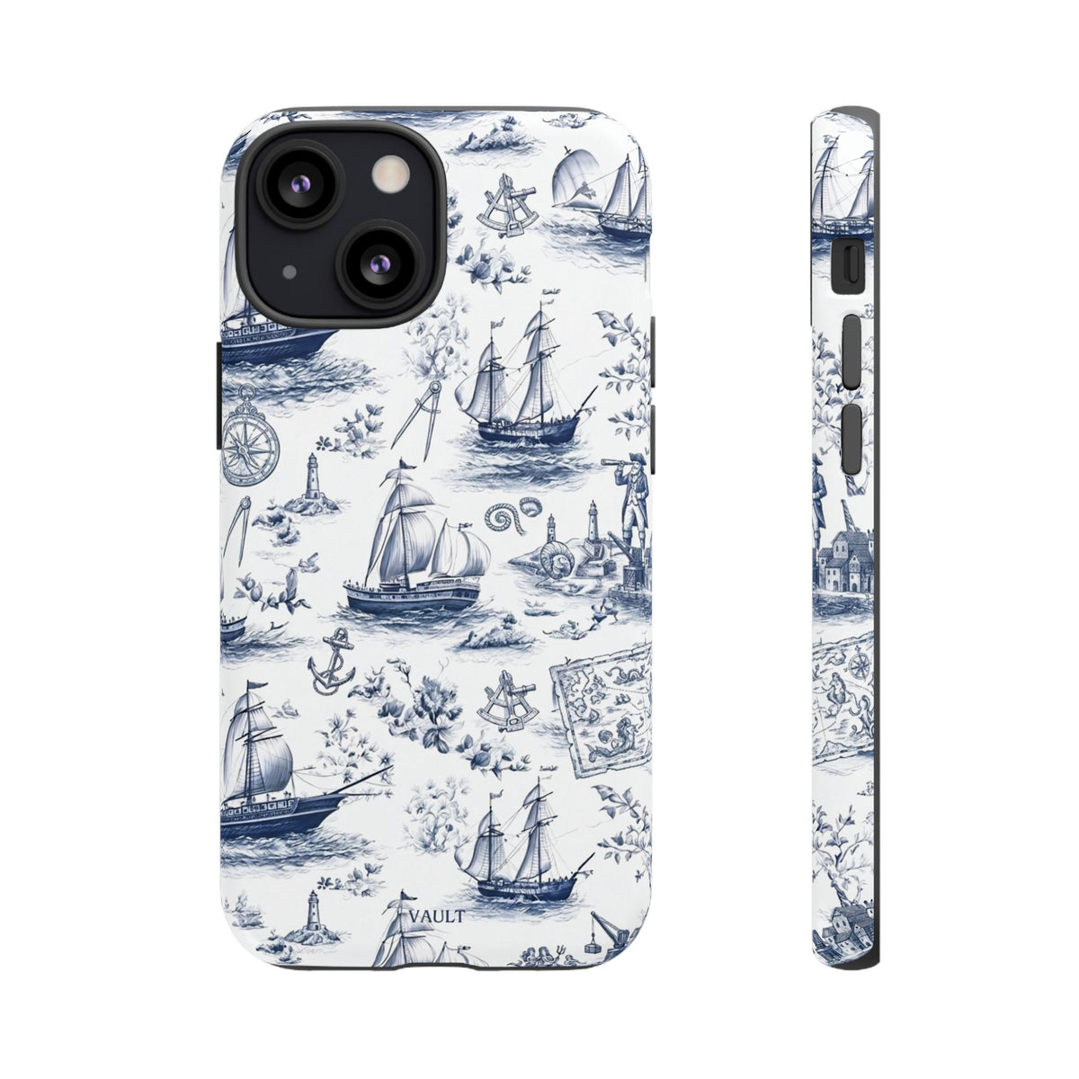 Nautical Vintage Ship Tough Phone Case — Blue Toile Sailboat Pattern