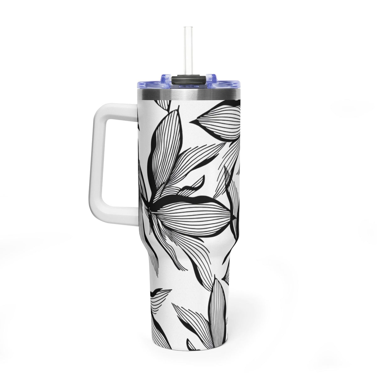 40oz Floral Thermal Tumbler – Black & White Leaf Pattern Vacuum Insulated
