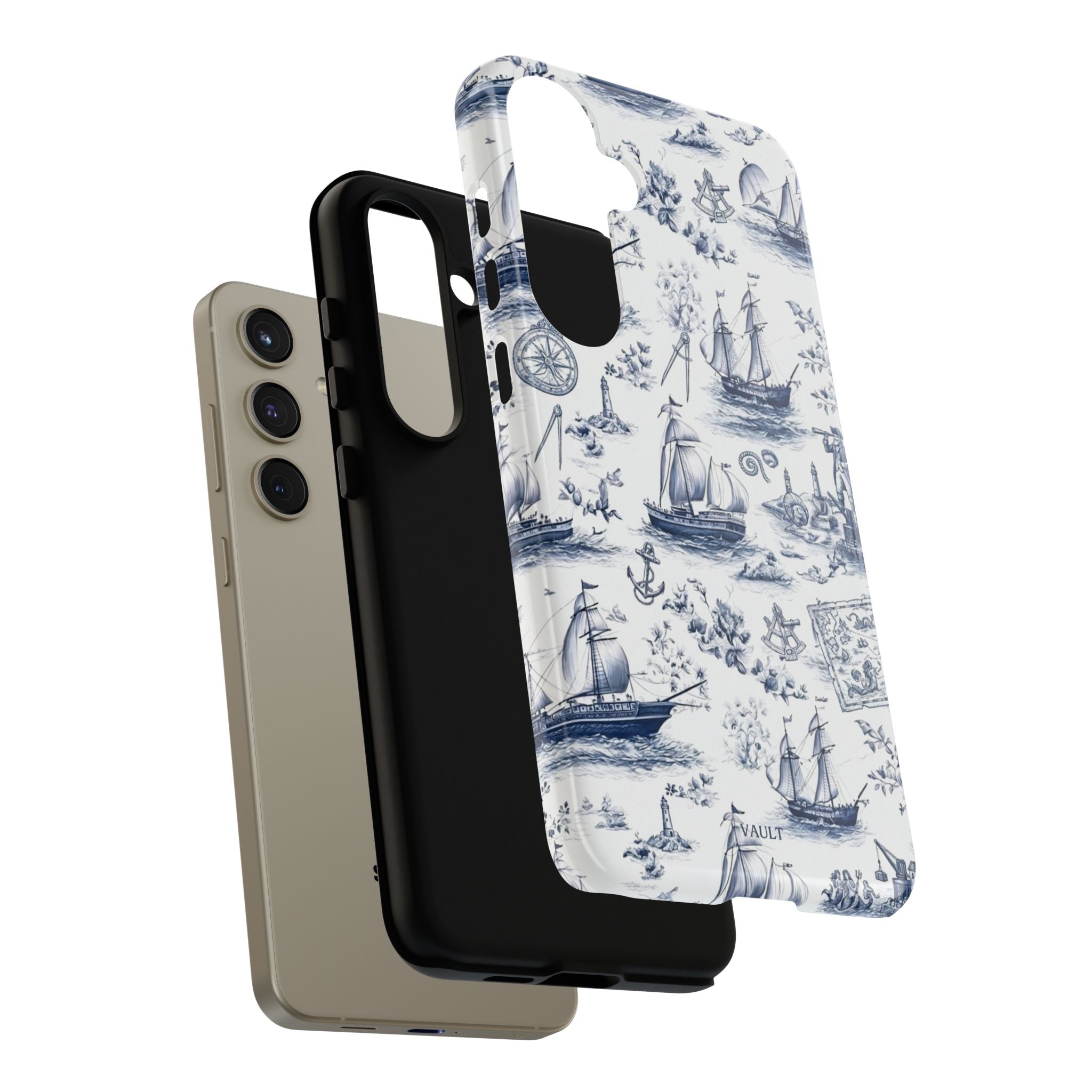 Nautical Vintage Ship Tough Phone Case — Blue Toile Sailboat Pattern