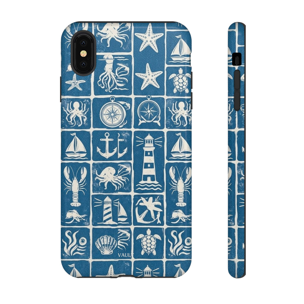 Nautical Tile Phone Case — Blue Coastal Icons (lighthouse, anchor, seashells)