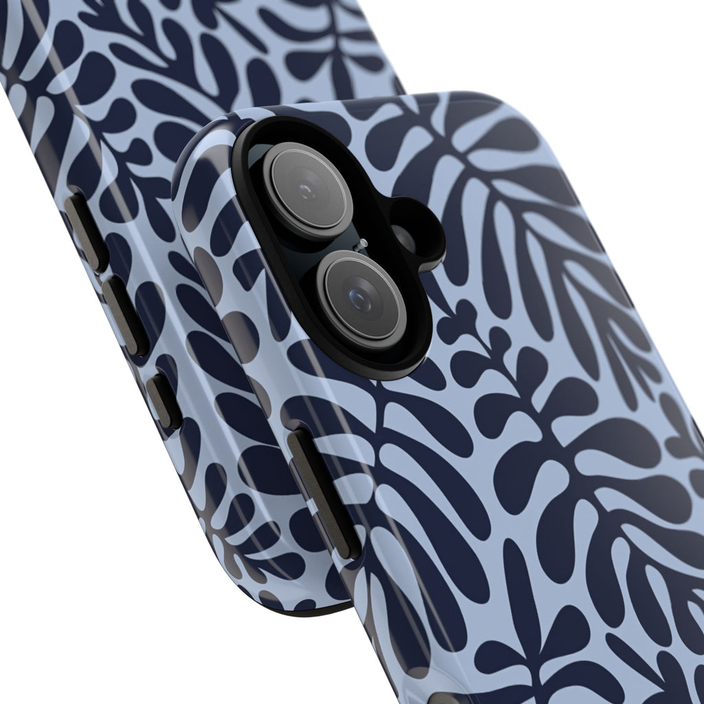 Floral Fern Tough Phone Case – Navy Blue on Light Blue, Protective Slim Cover