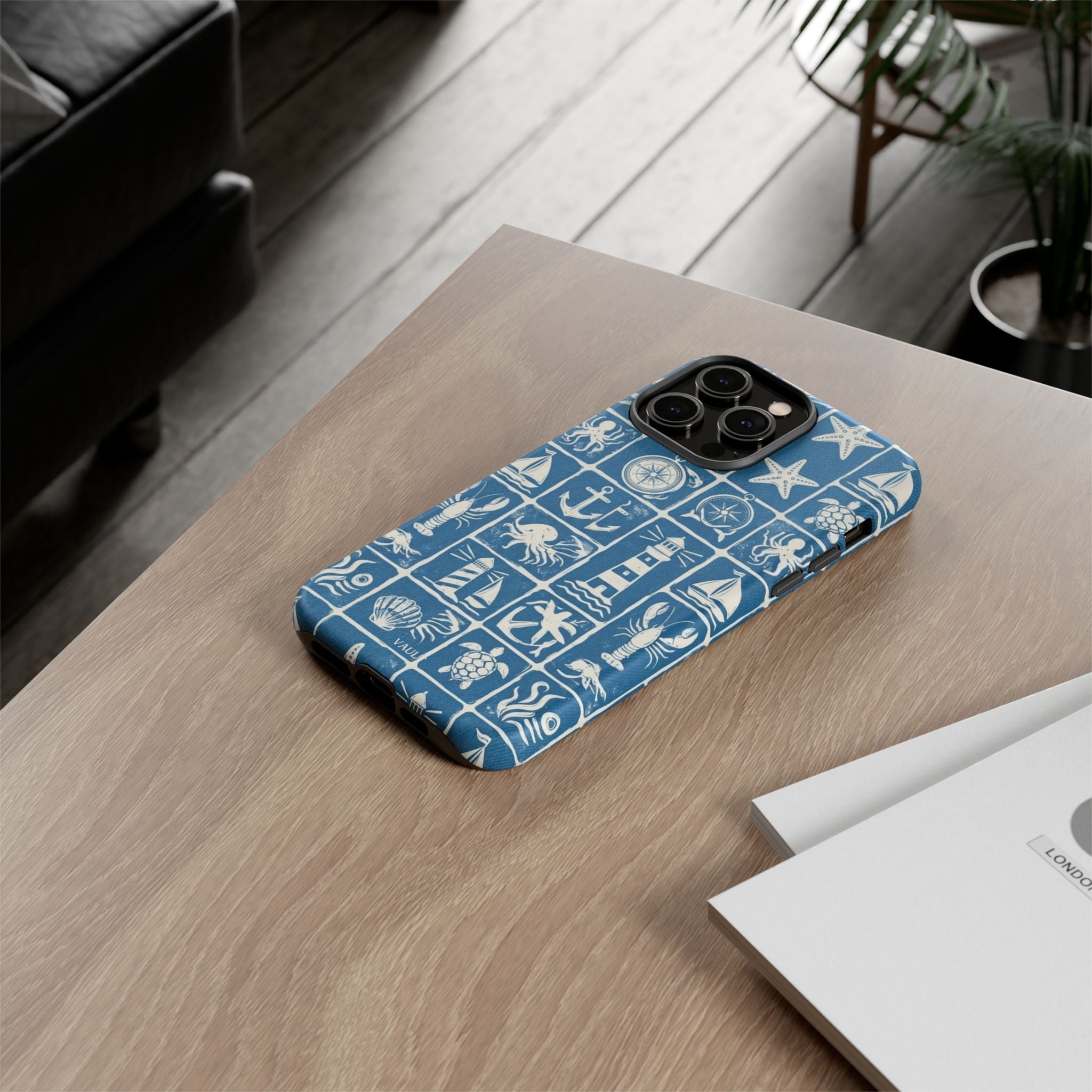 Nautical Tile Phone Case — Blue Coastal Icons (lighthouse, anchor, seashells)