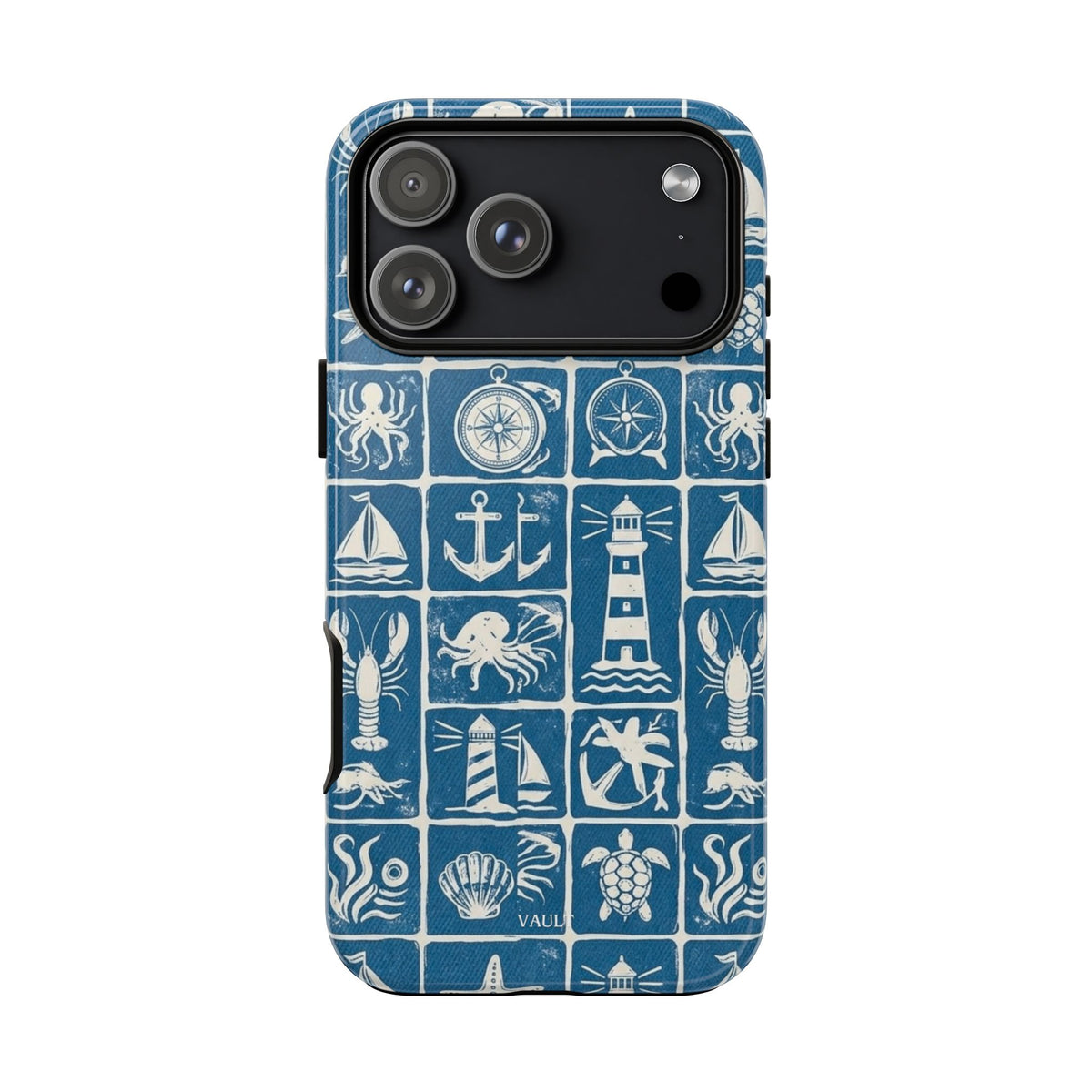 Nautical Tile Phone Case — Blue Coastal Icons (lighthouse, anchor, seashells)