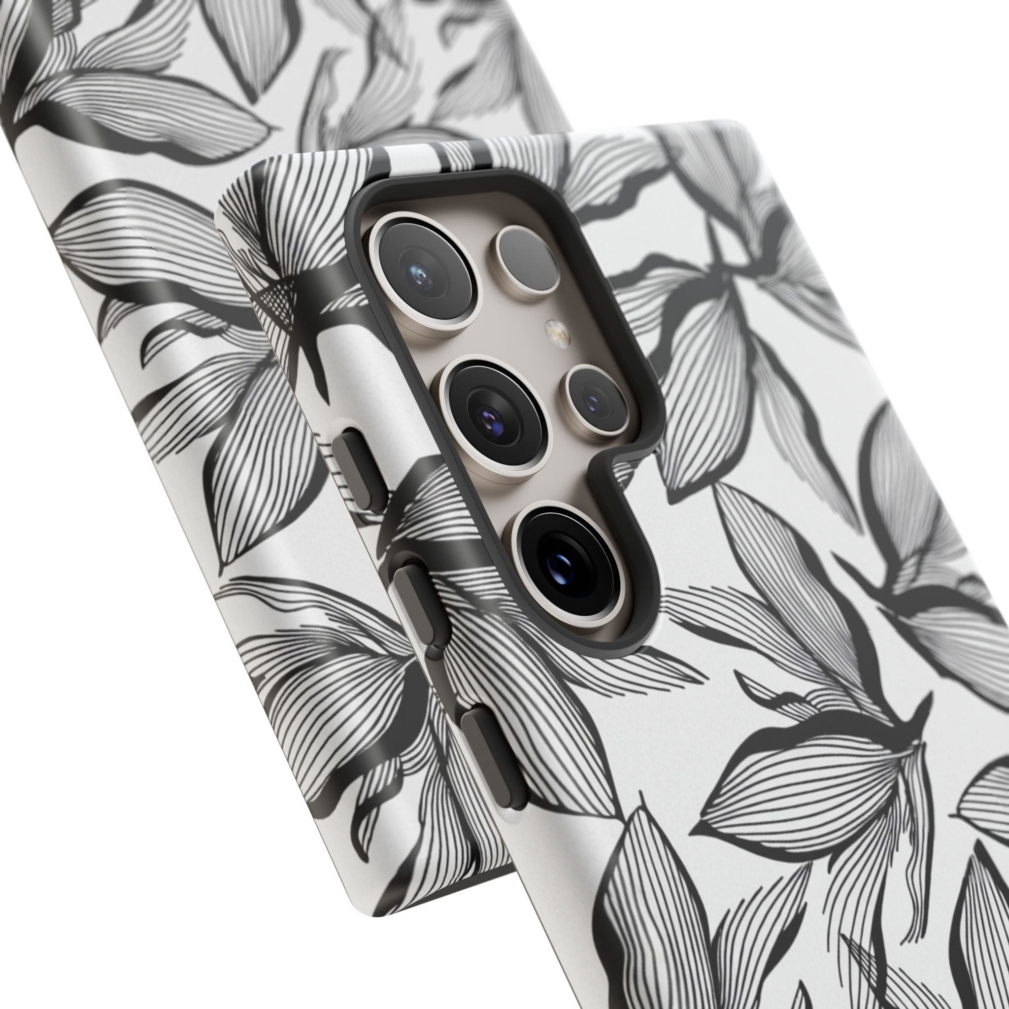 Floral Leaves Tough Phone Case – Black & White Botanical Protection