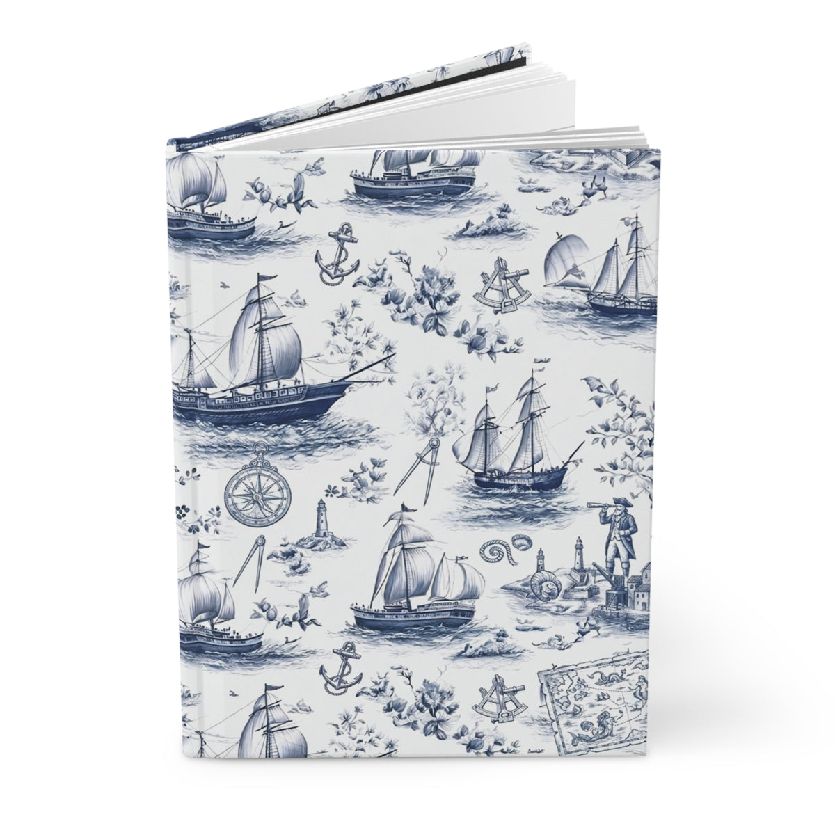 Nautical Toile Hardcover Journal — Vintage Sailboat Travel Notebook