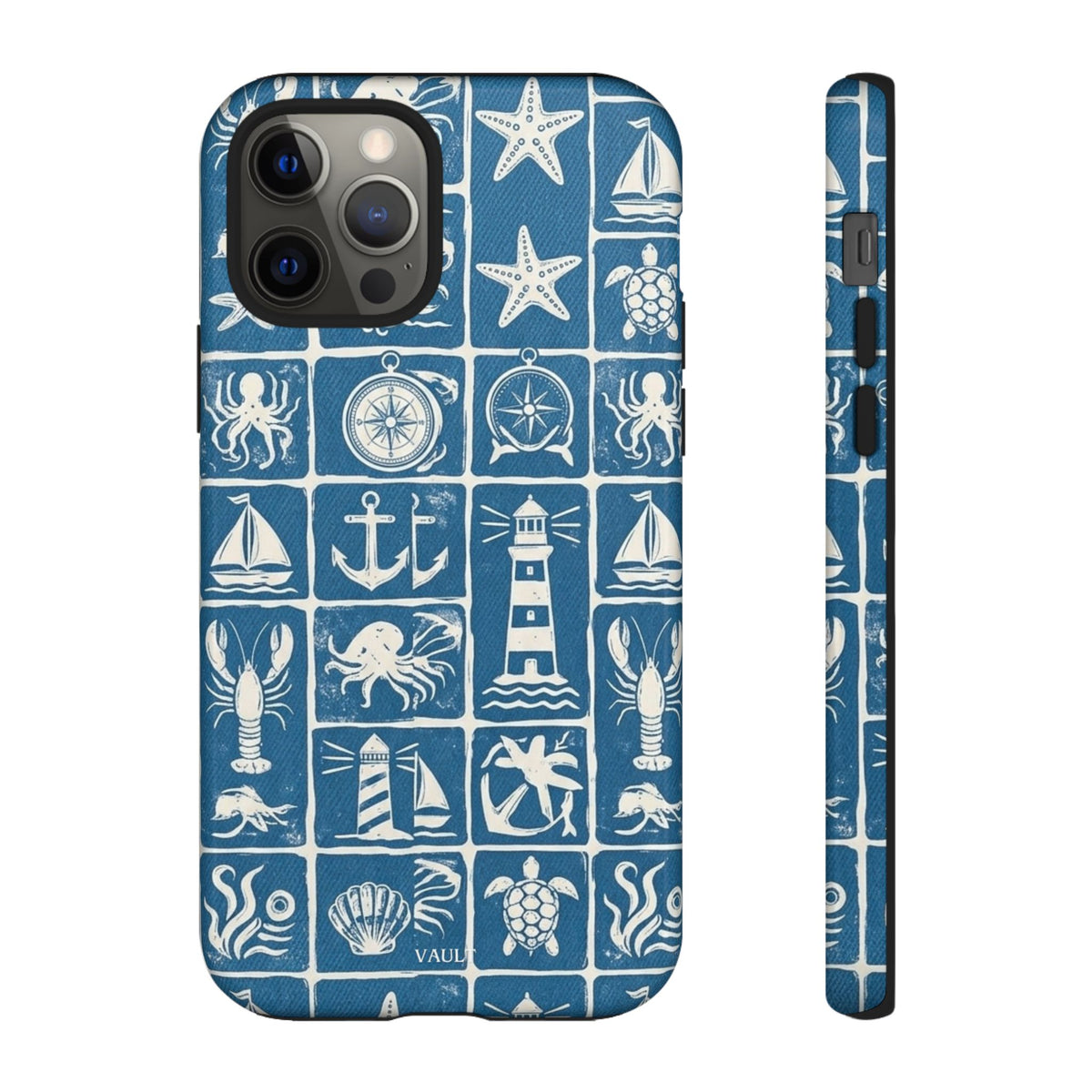 Nautical Tile Phone Case — Blue Coastal Icons (lighthouse, anchor, seashells)