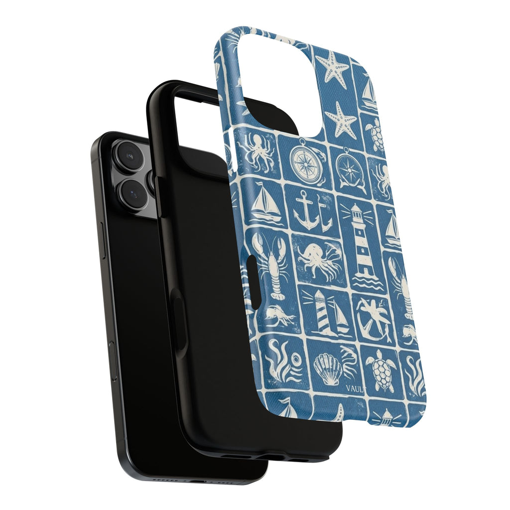 Nautical Tile Phone Case — Blue Coastal Icons (lighthouse, anchor, seashells)