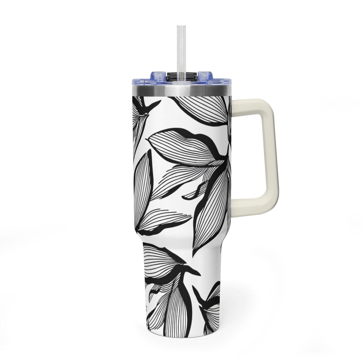 40oz Floral Thermal Tumbler – Black & White Leaf Pattern Vacuum Insulated