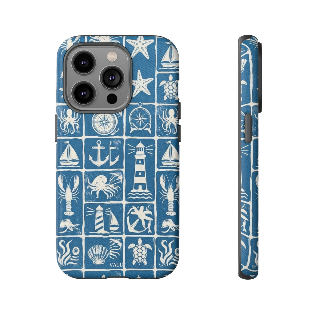 Nautical Tile Phone Case — Blue Coastal Icons (lighthouse, anchor, seashells)