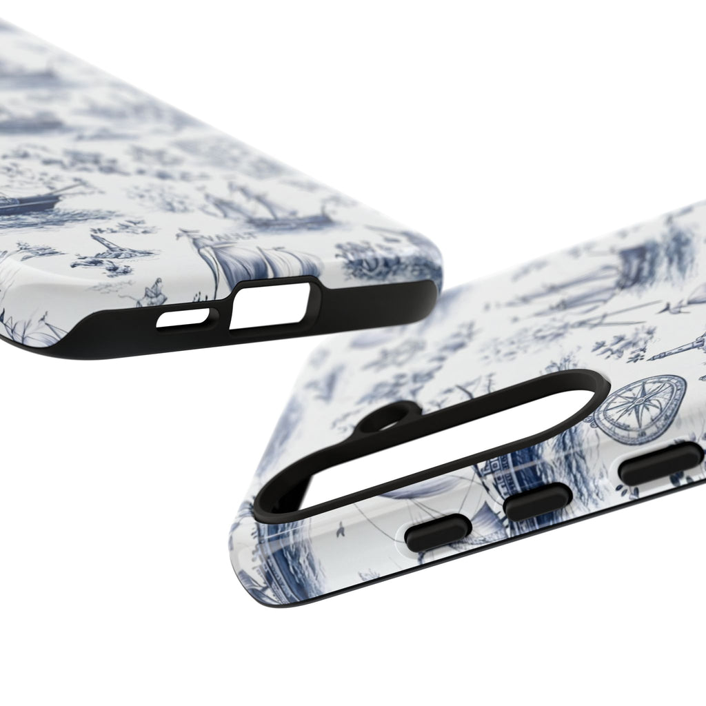 Nautical Vintage Ship Tough Phone Case — Blue Toile Sailboat Pattern
