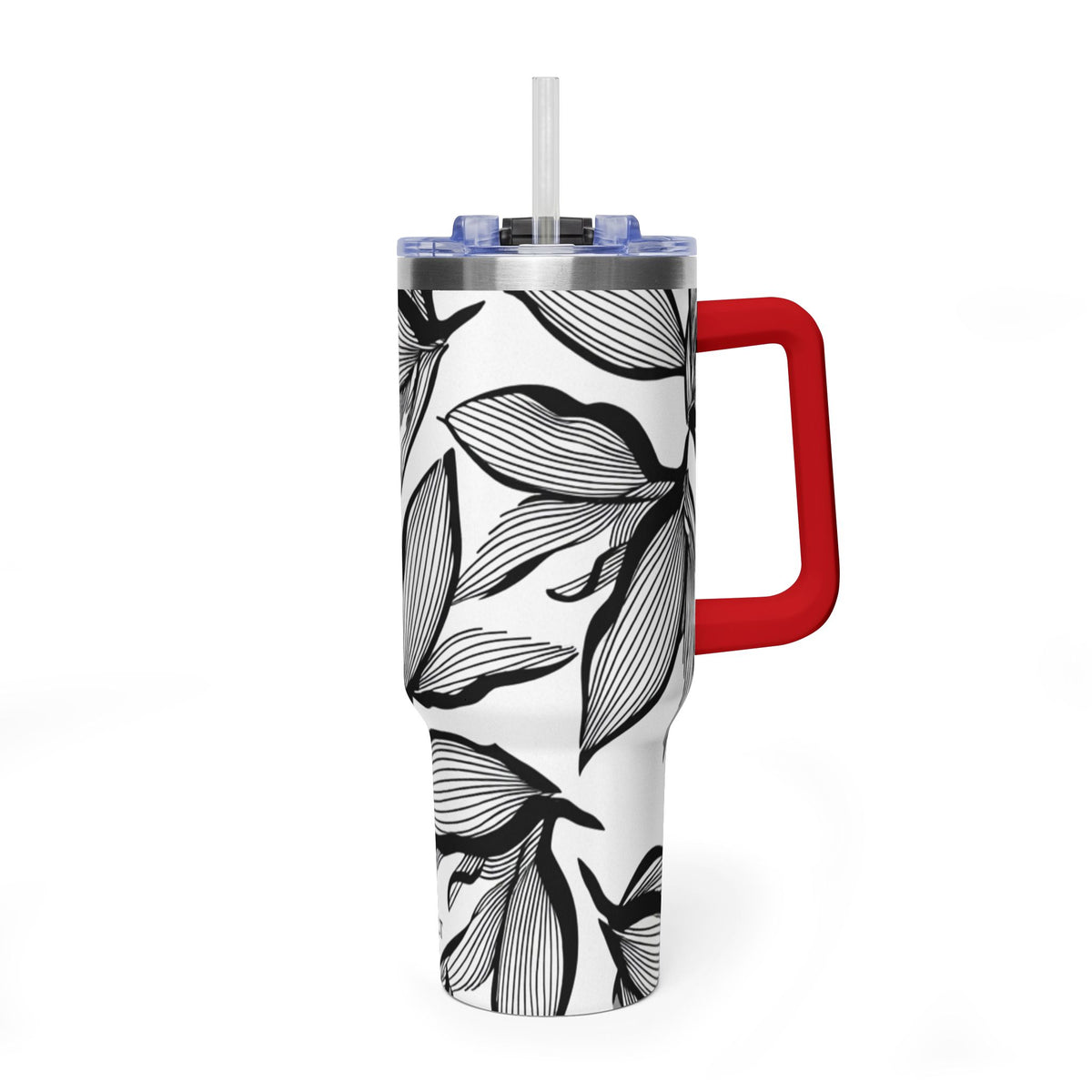 40oz Floral Thermal Tumbler – Black & White Leaf Pattern Vacuum Insulated