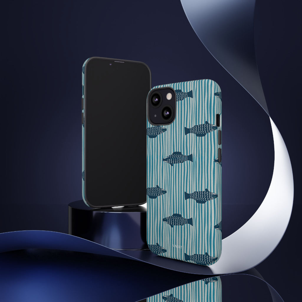 Fish Pattern Tough Phone Case — Blue Striped Ocean Design