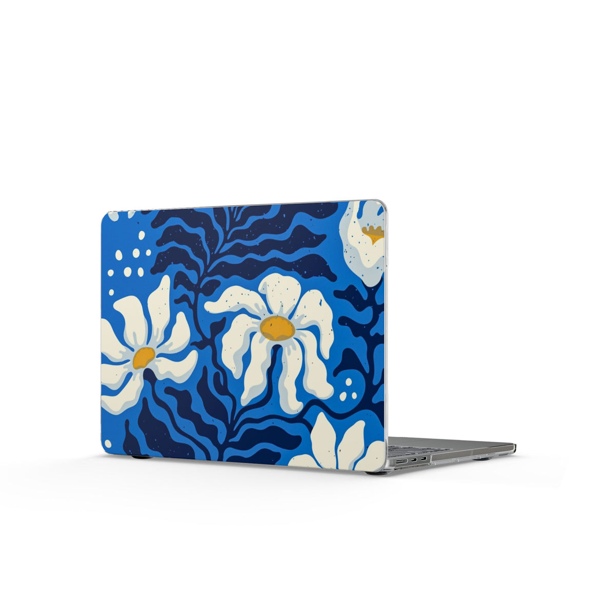 Blue Floral MacBook Case — Bold White Daisies Laptop Cover