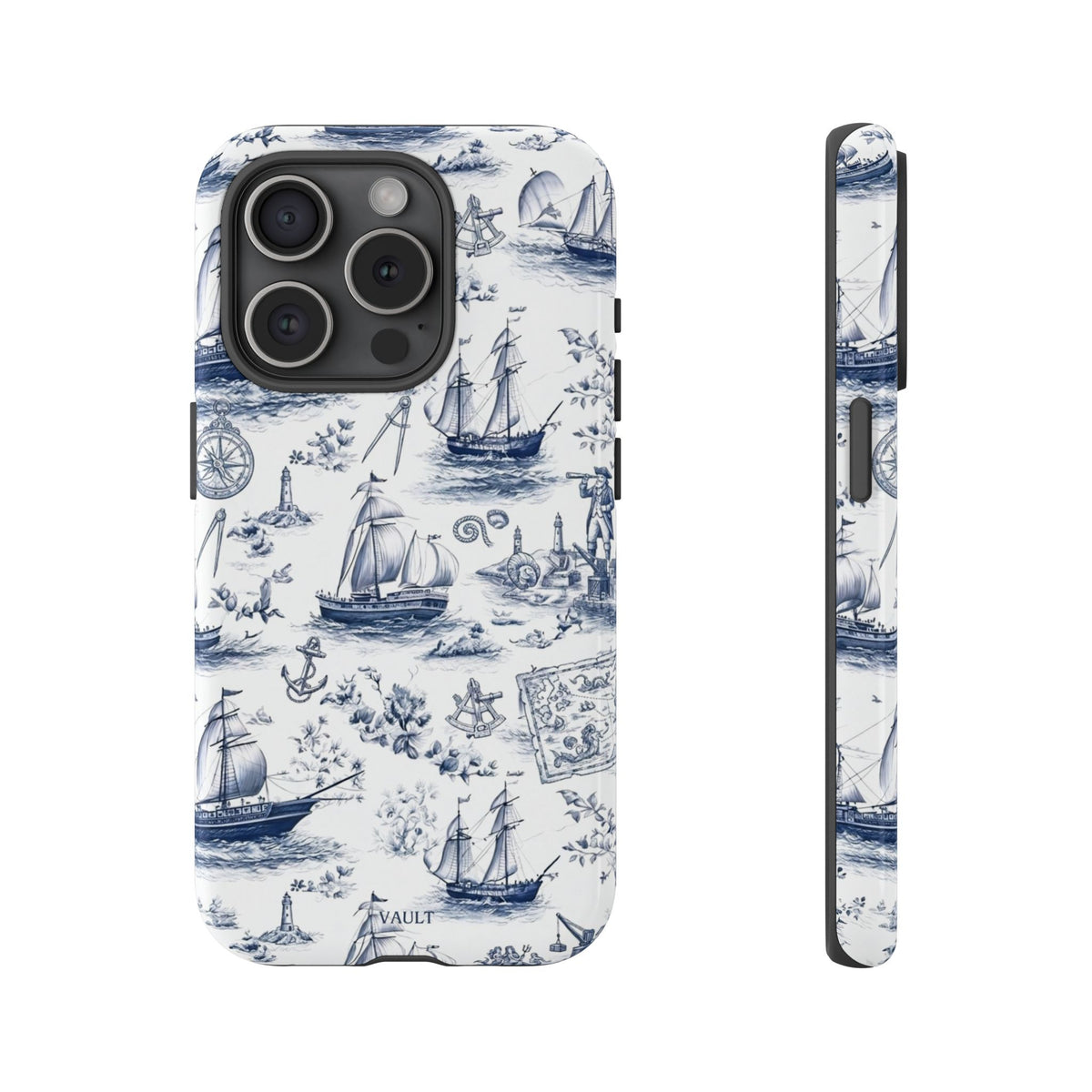 Nautical Vintage Ship Tough Phone Case — Blue Toile Sailboat Pattern