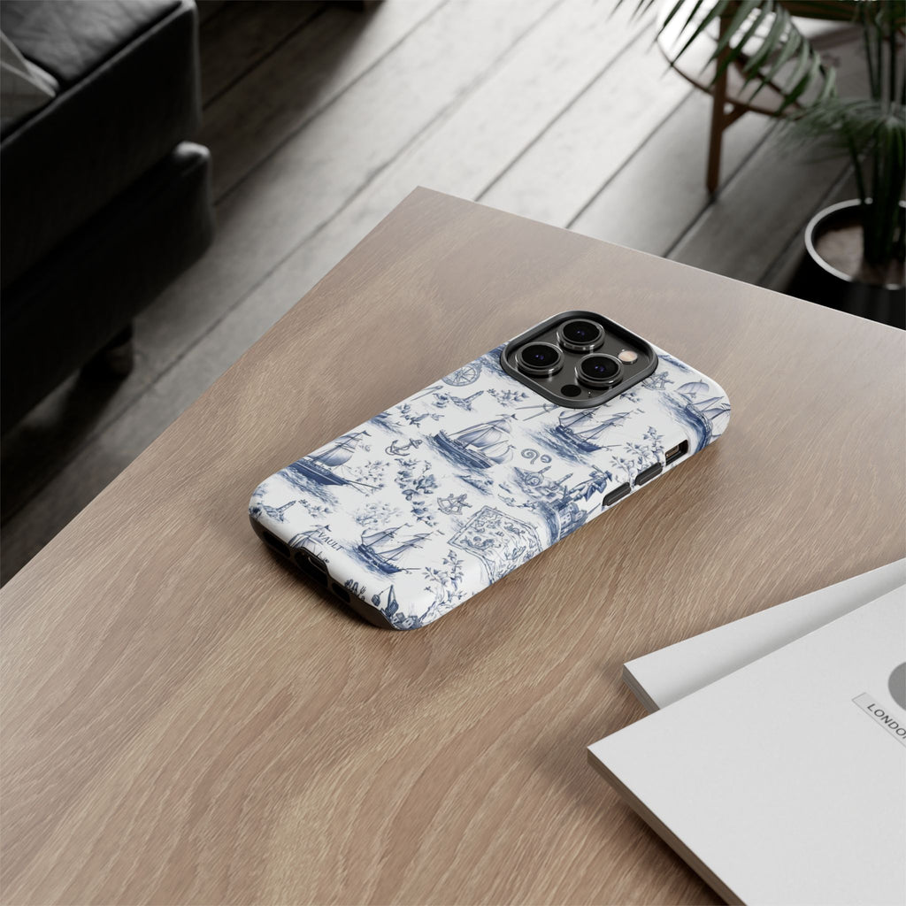 Nautical Vintage Ship Tough Phone Case — Blue Toile Sailboat Pattern