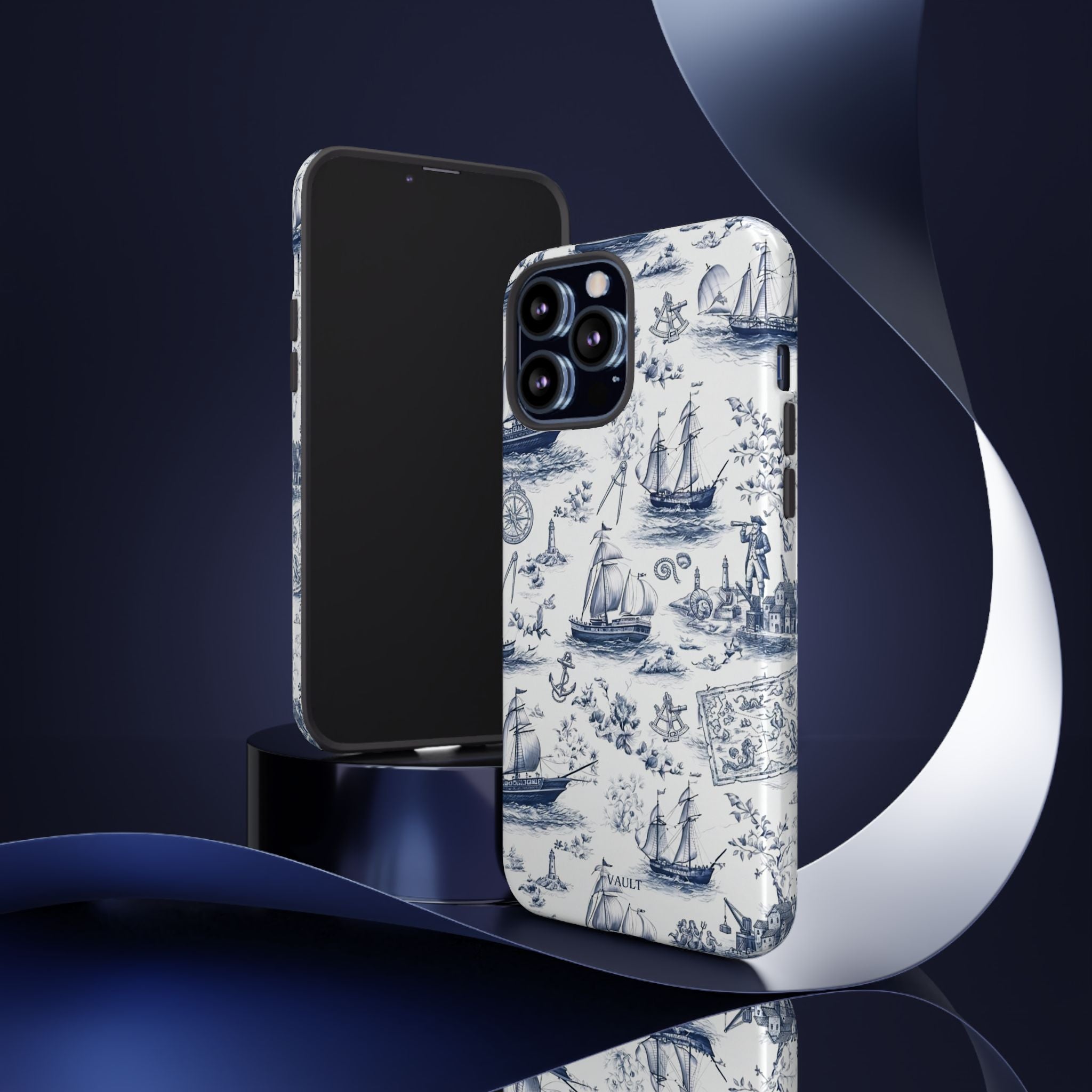 Nautical Vintage Ship Tough Phone Case — Blue Toile Sailboat Pattern