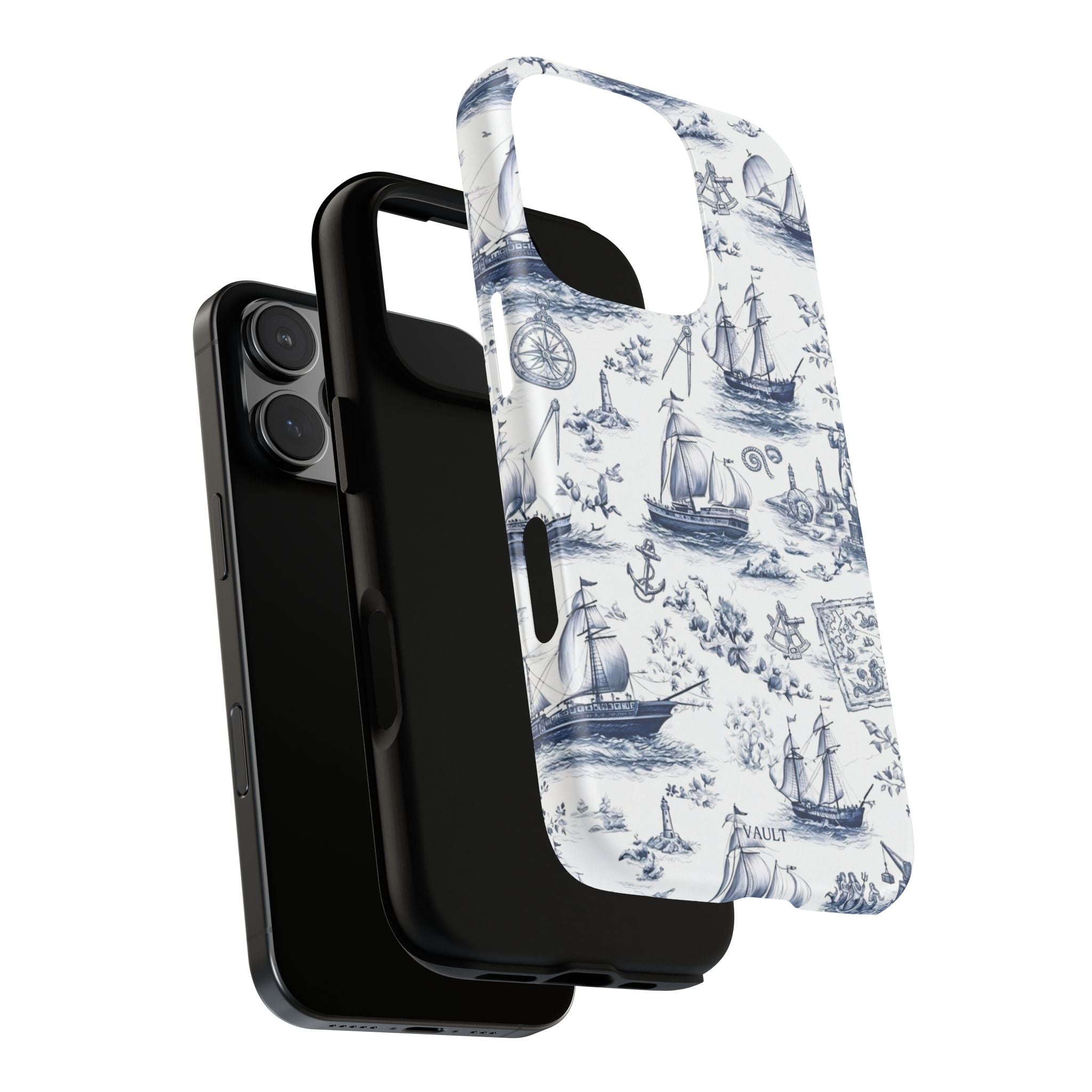 Nautical Vintage Ship Tough Phone Case — Blue Toile Sailboat Pattern
