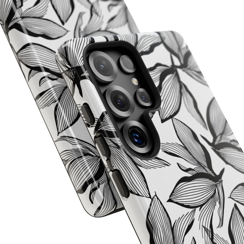 Floral Leaves Tough Phone Case – Black & White Botanical Protection