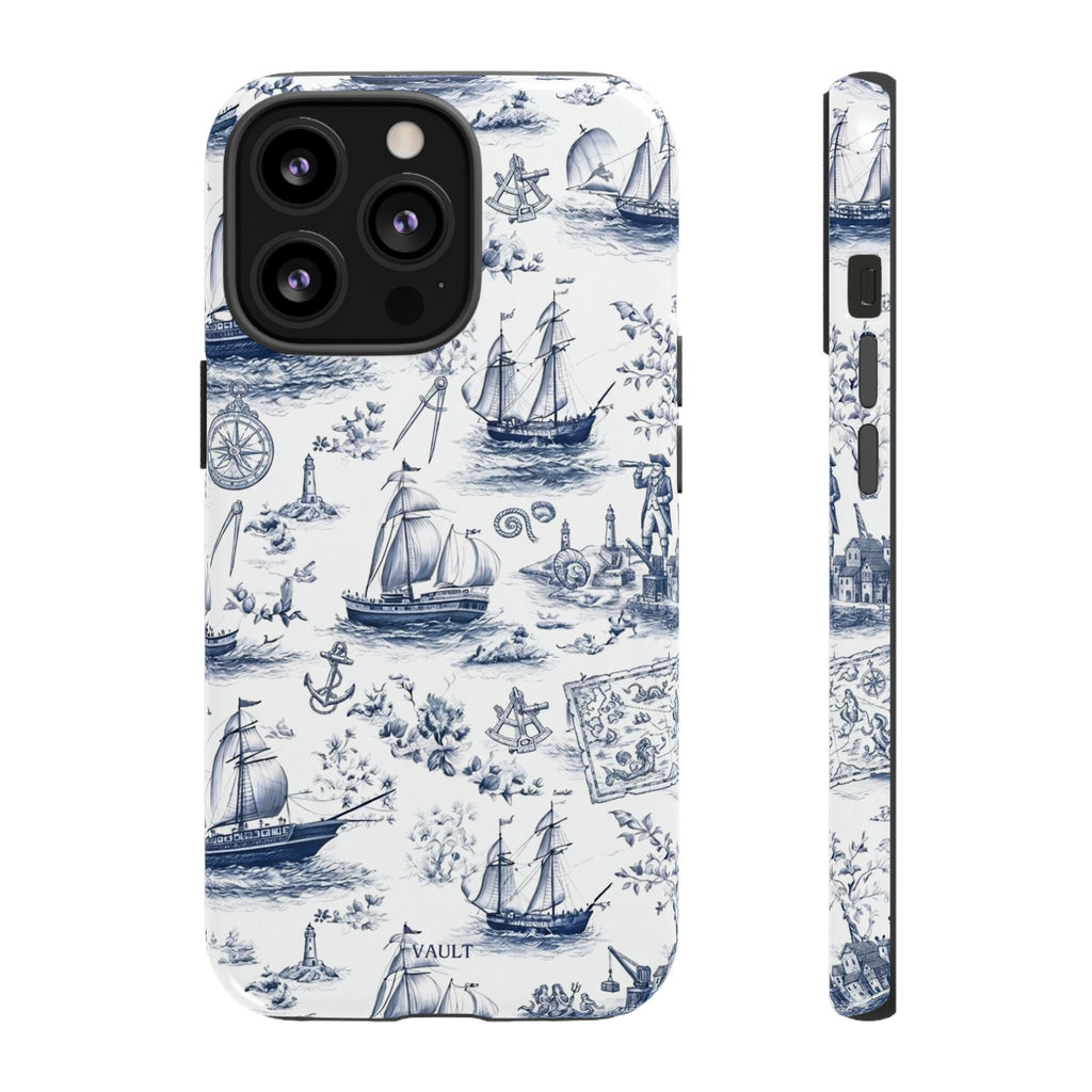 Nautical Vintage Ship Tough Phone Case — Blue Toile Sailboat Pattern