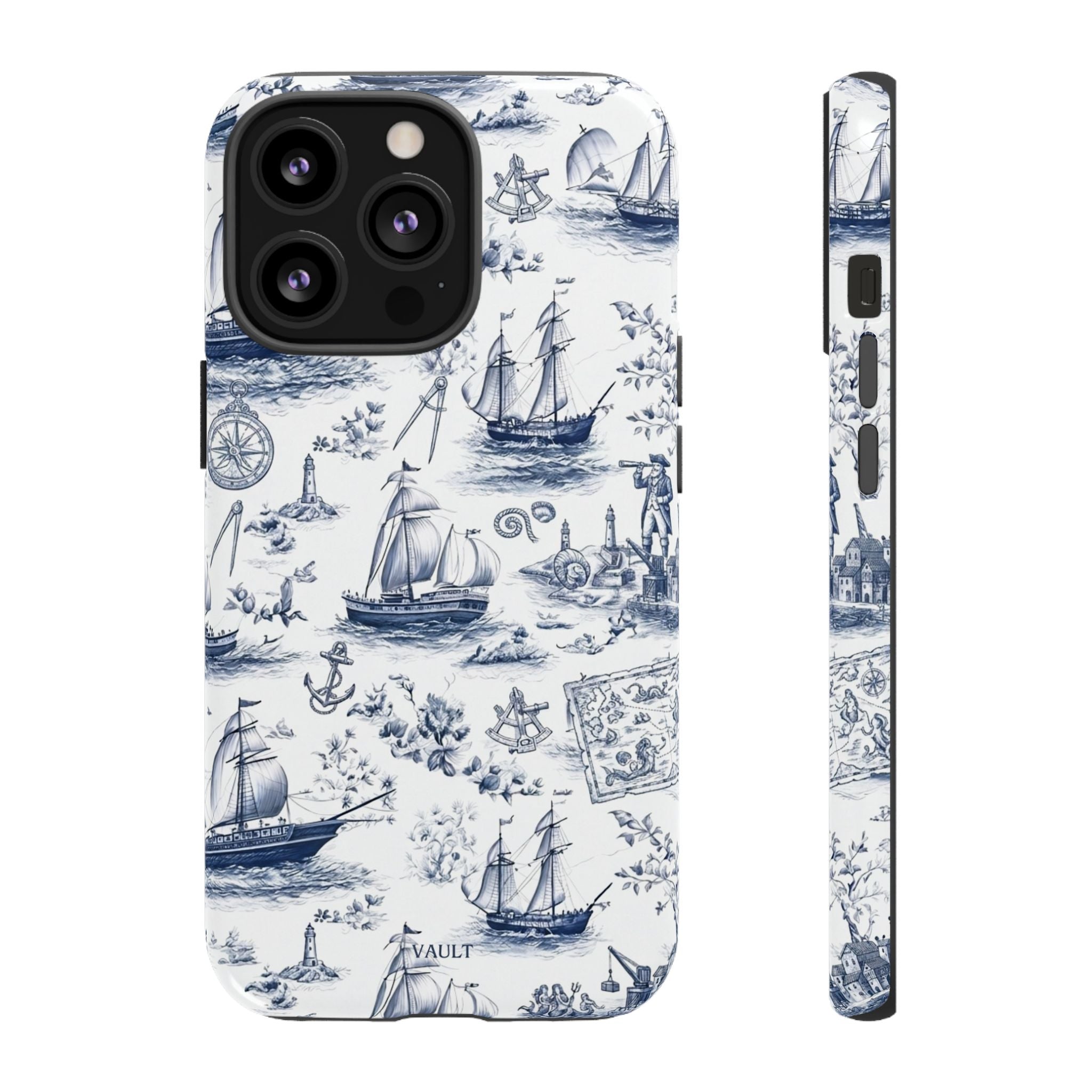 Nautical Vintage Ship Tough Phone Case — Blue Toile Sailboat Pattern
