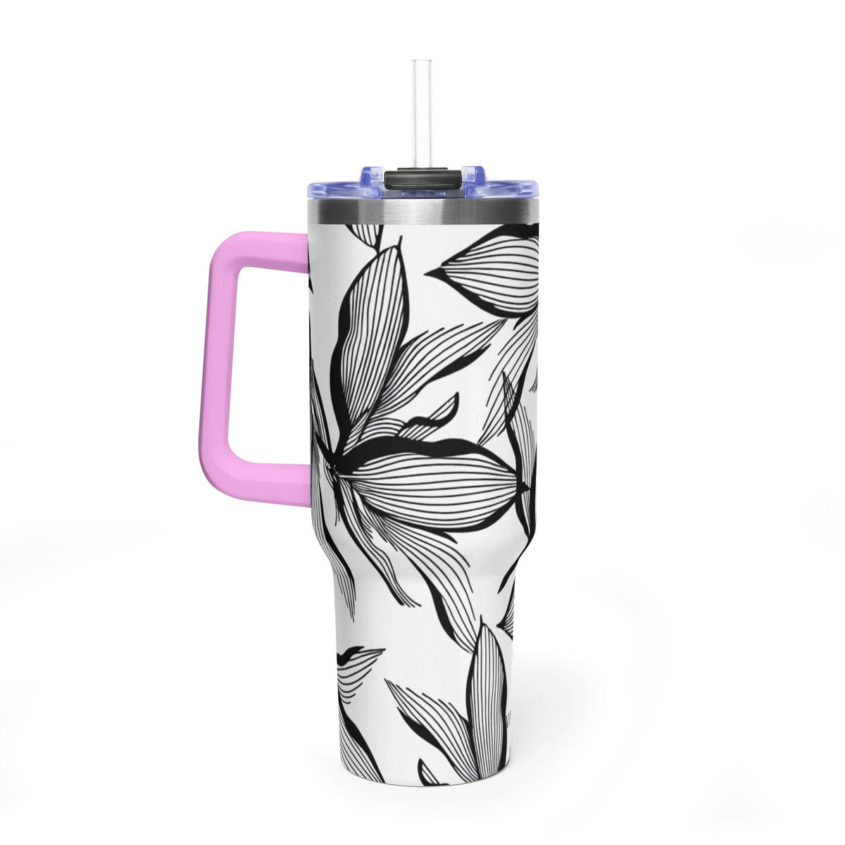40oz Floral Thermal Tumbler – Black & White Leaf Pattern Vacuum Insulated