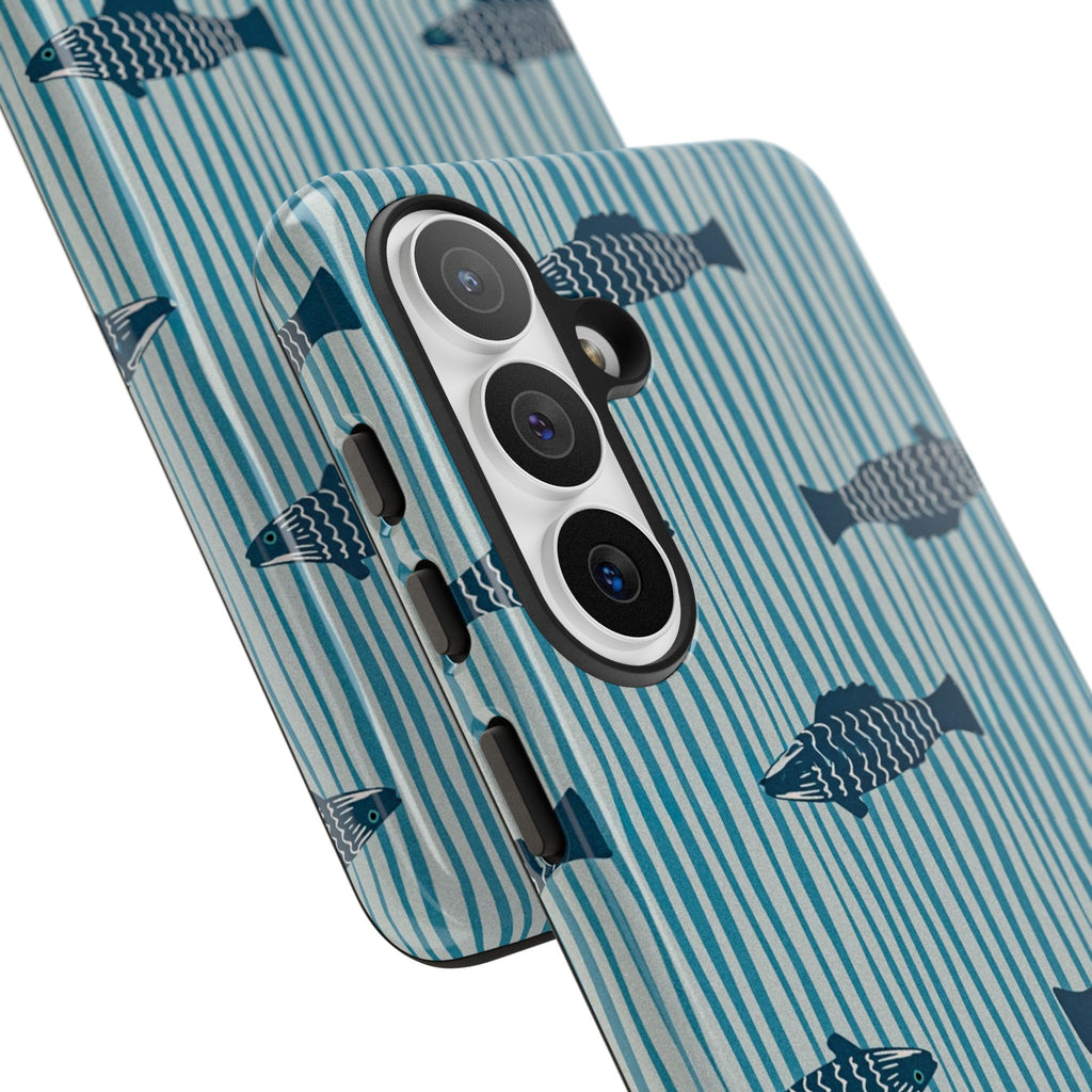 Fish Pattern Tough Phone Case — Blue Striped Ocean Design