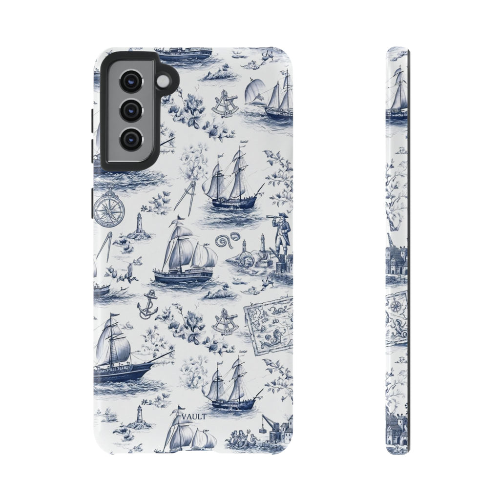 Nautical Vintage Ship Tough Phone Case — Blue Toile Sailboat Pattern