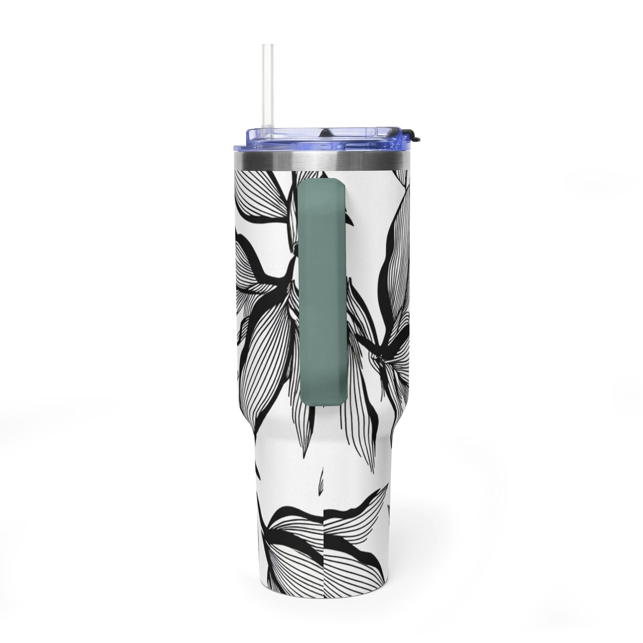 40oz Floral Thermal Tumbler – Black & White Leaf Pattern Vacuum Insulated