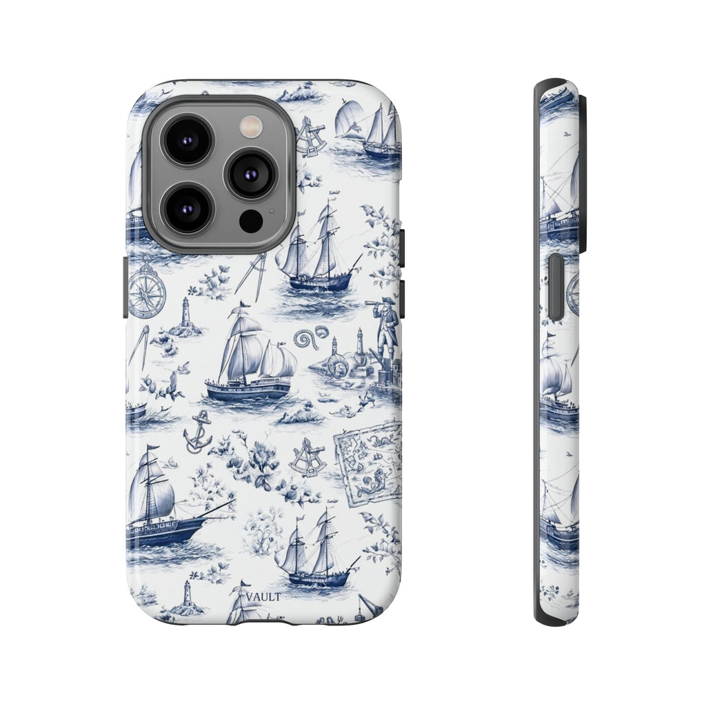 Nautical Vintage Ship Tough Phone Case — Blue Toile Sailboat Pattern