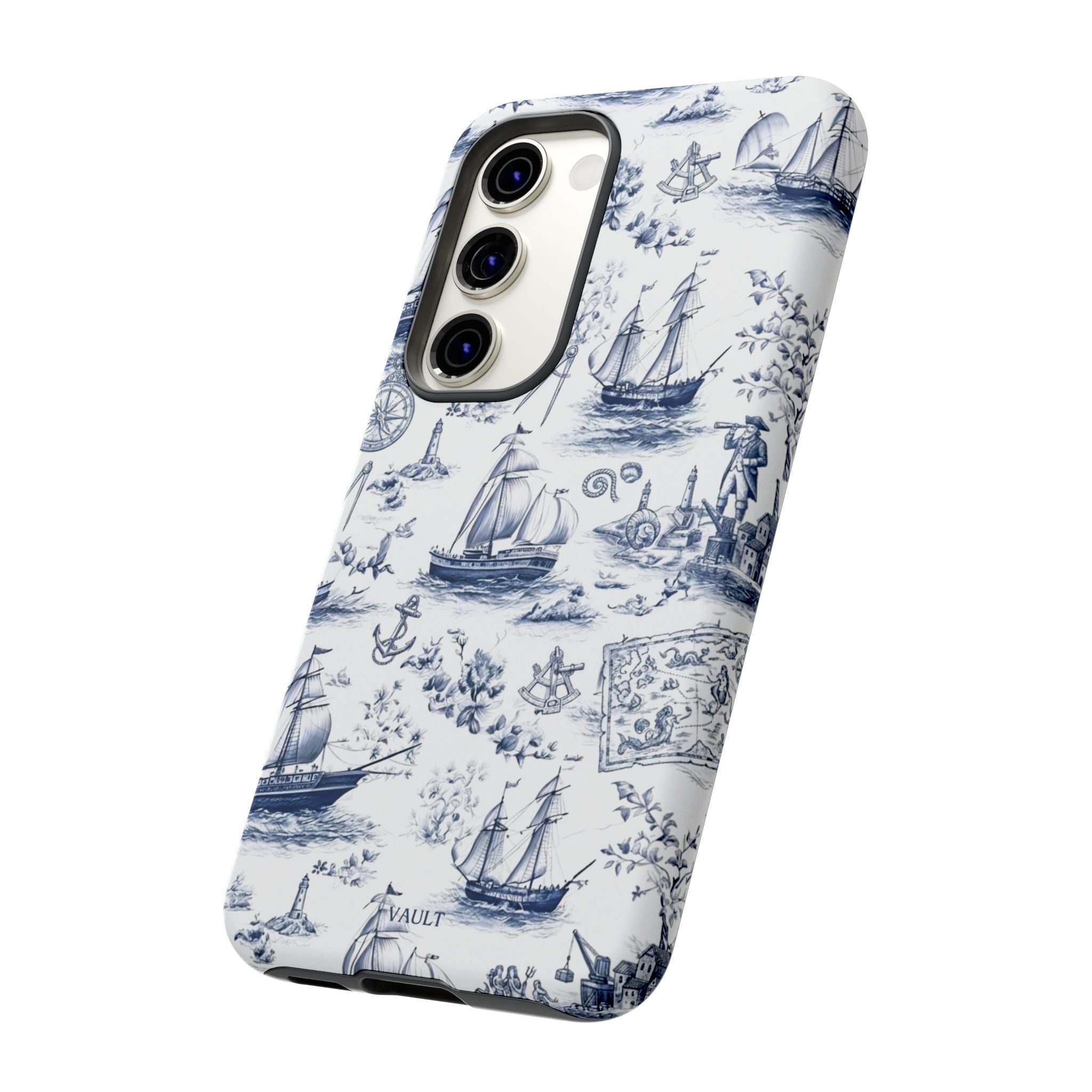 Nautical Vintage Ship Tough Phone Case — Blue Toile Sailboat Pattern