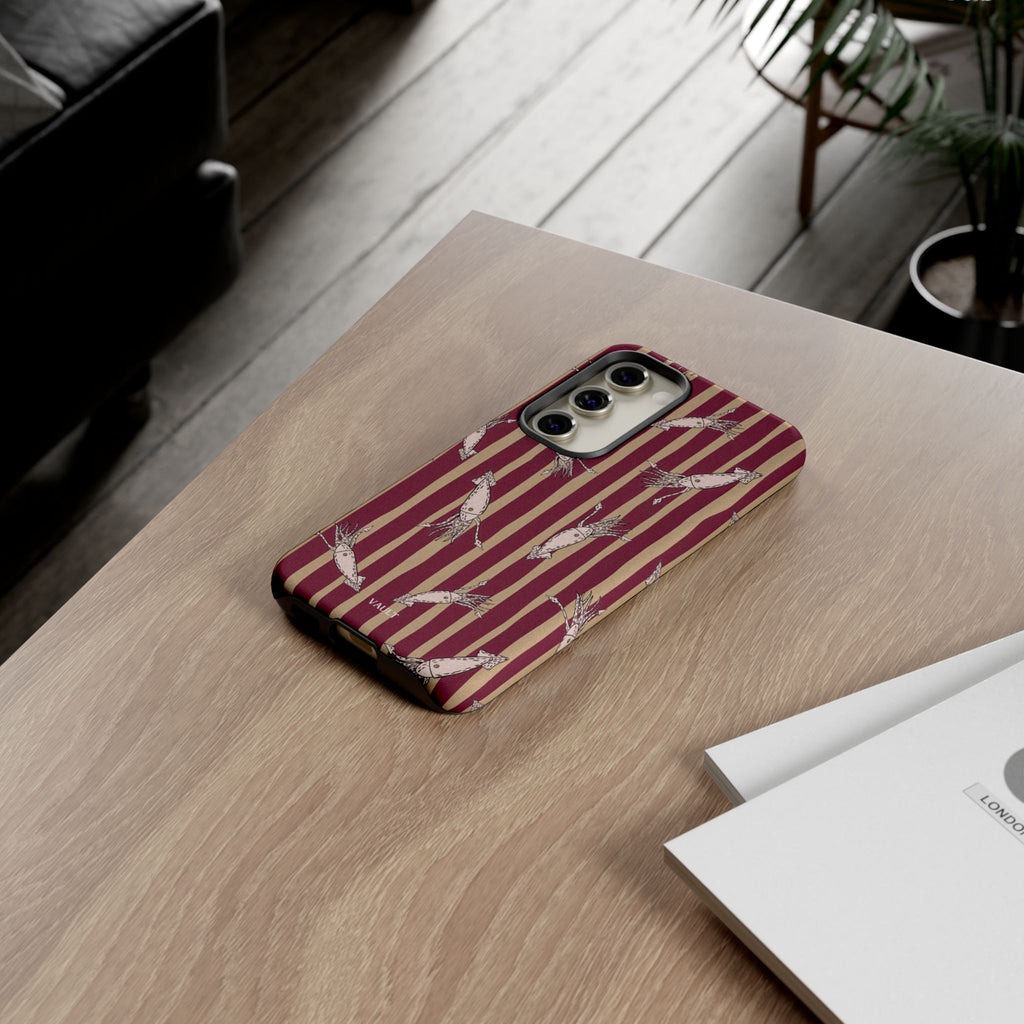 Phone Case - Vintage Shrimp Pattern on Burgundy Stripes