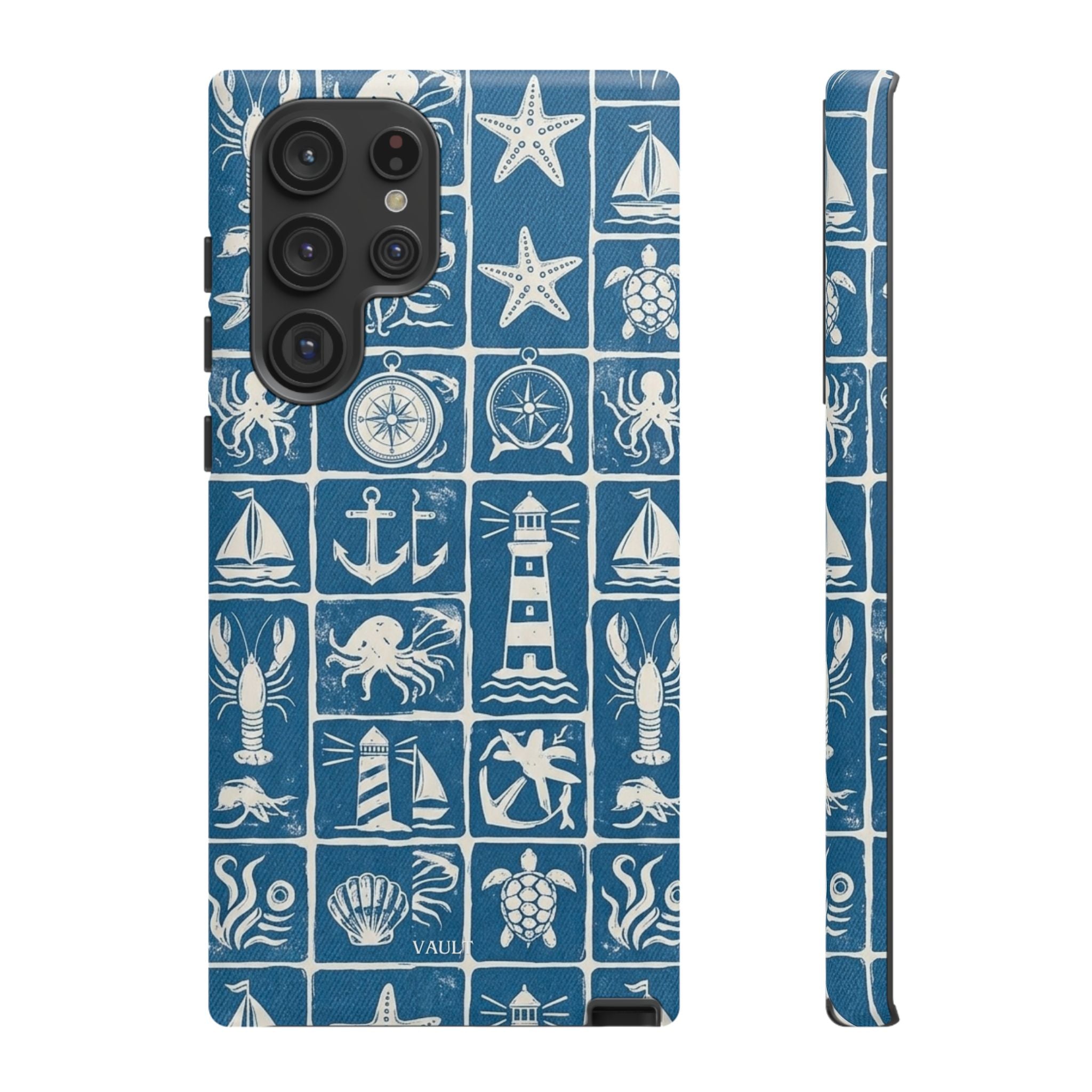Nautical Tile Phone Case — Blue Coastal Icons (lighthouse, anchor, seashells)
