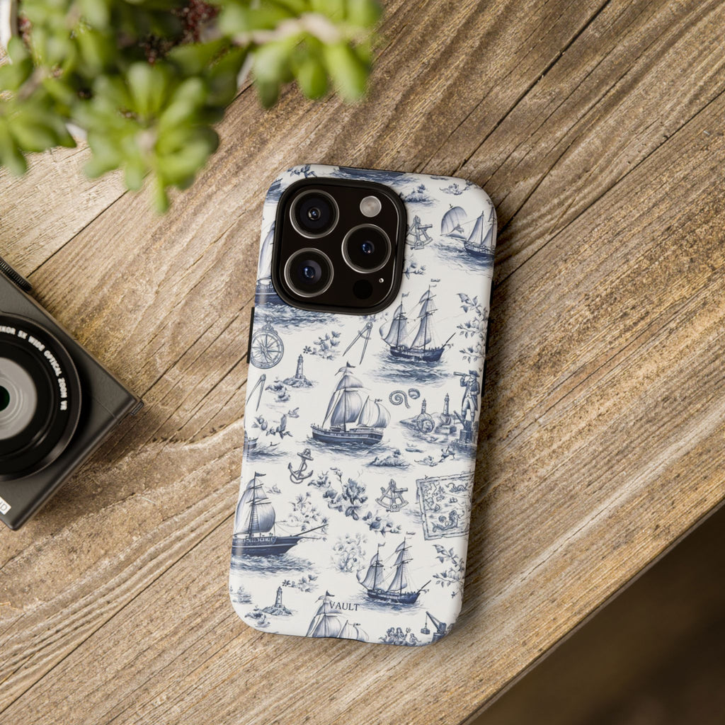 Nautical Vintage Ship Tough Phone Case — Blue Toile Sailboat Pattern
