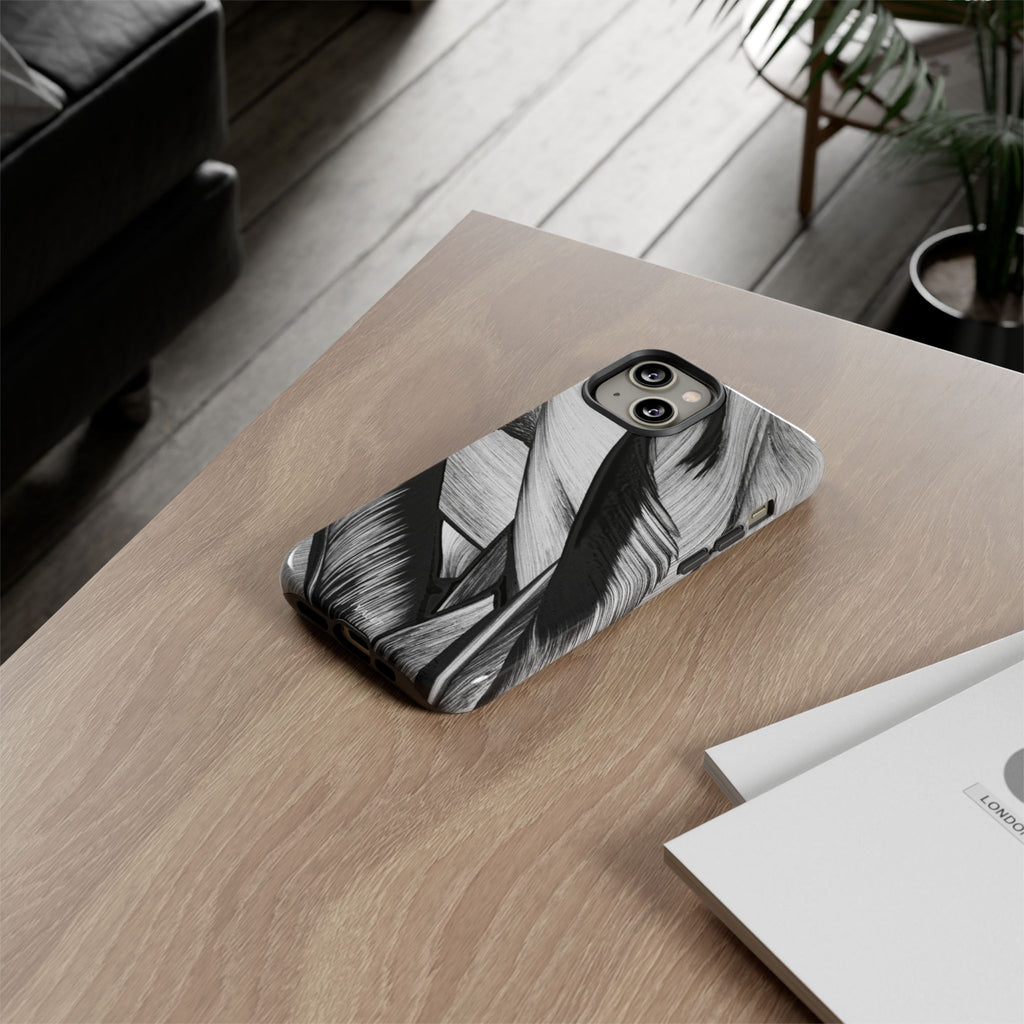Monochrome Tropical Leaf Tough Phone Case — Black & White Botanical Protective Cover