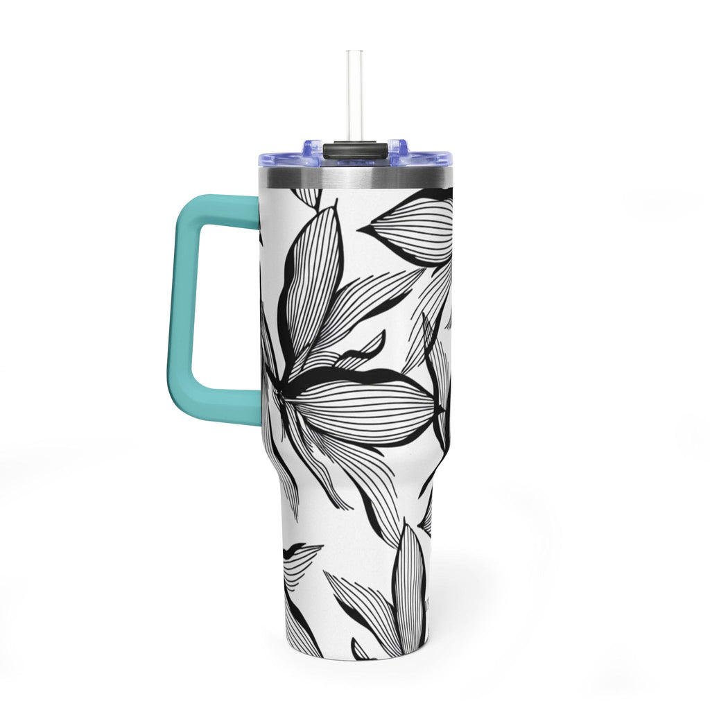 40oz Floral Thermal Tumbler – Black & White Leaf Pattern Vacuum Insulated