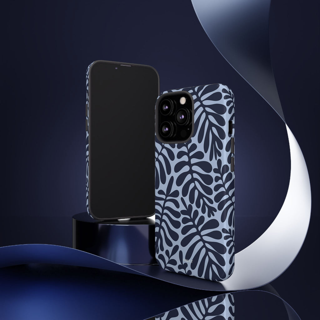 Floral Fern Tough Phone Case – Navy Blue on Light Blue, Protective Slim Cover