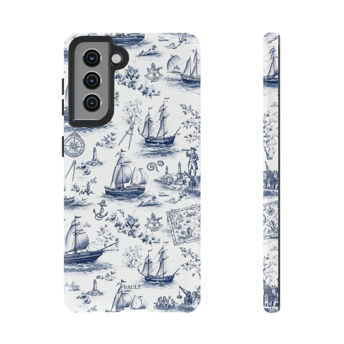 Nautical Vintage Ship Tough Phone Case — Blue Toile Sailboat Pattern