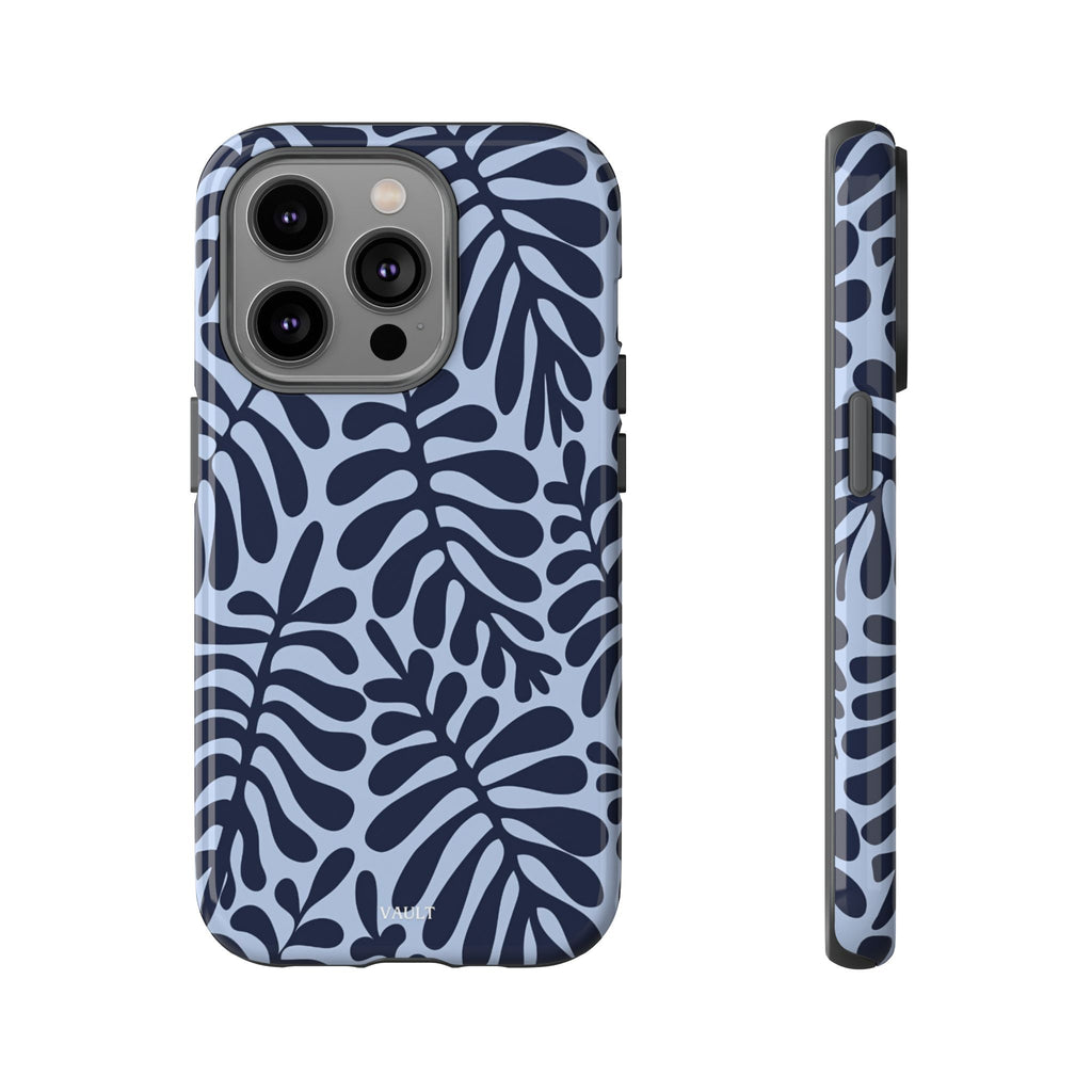 Floral Fern Tough Phone Case – Navy Blue on Light Blue, Protective Slim Cover