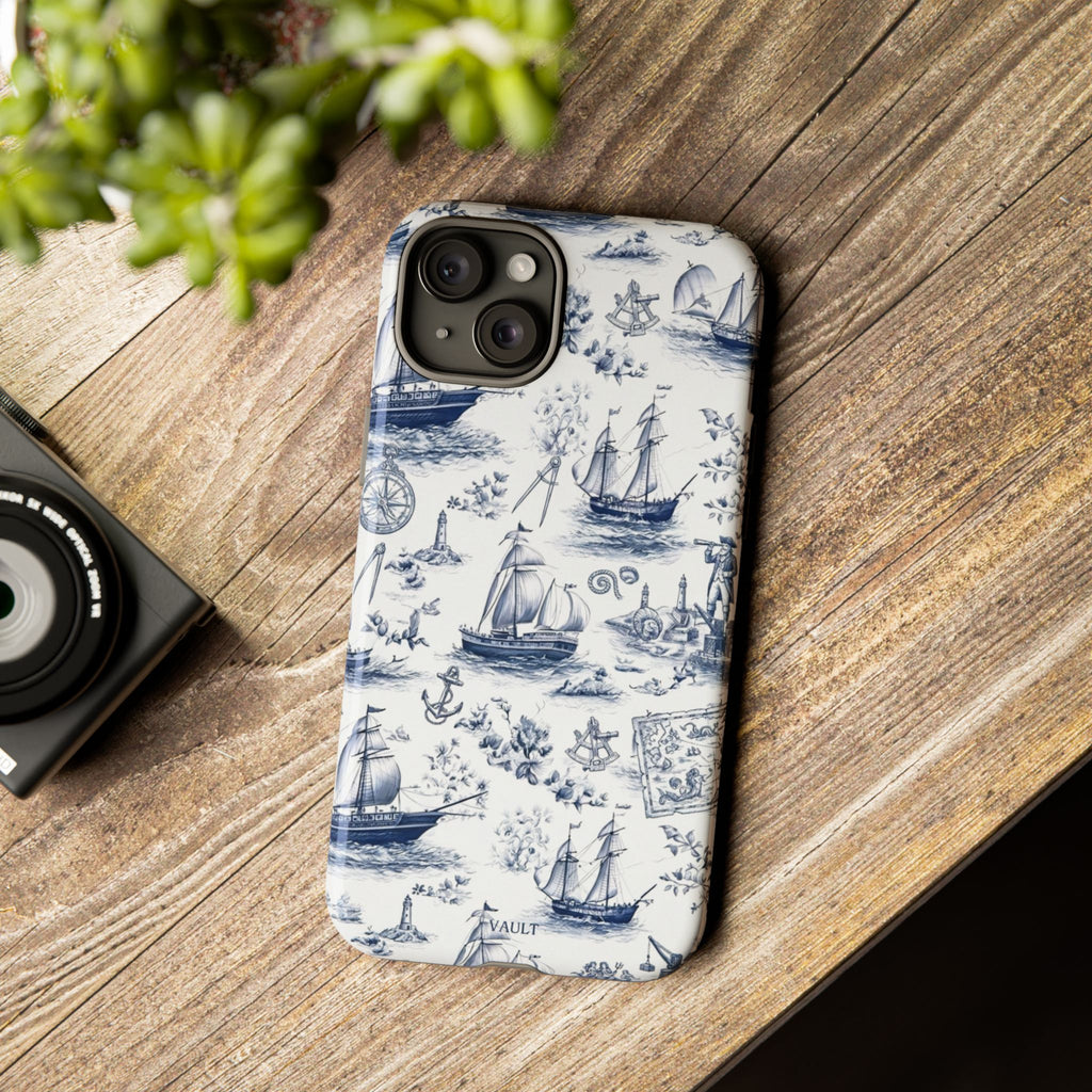 Nautical Vintage Ship Tough Phone Case — Blue Toile Sailboat Pattern
