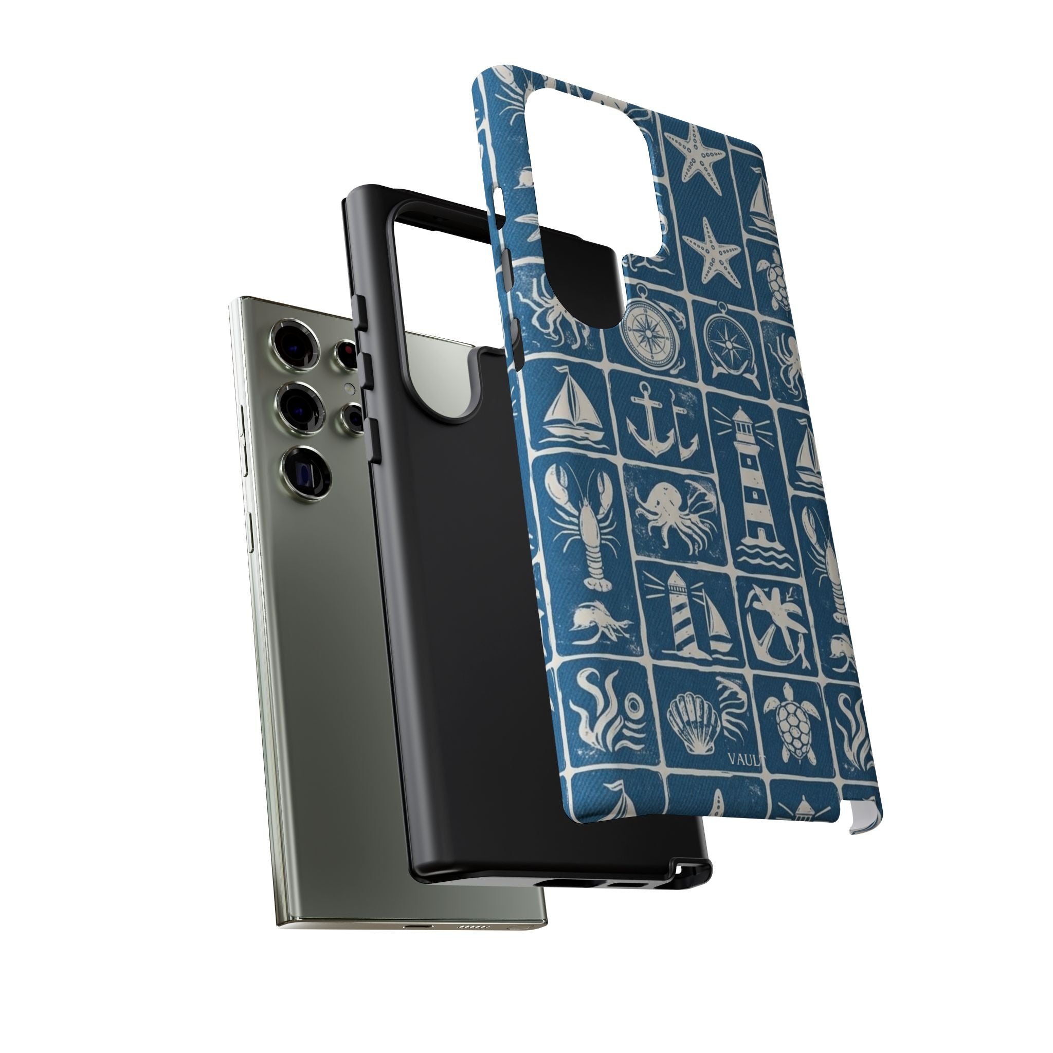 Nautical Tile Phone Case — Blue Coastal Icons (lighthouse, anchor, seashells)