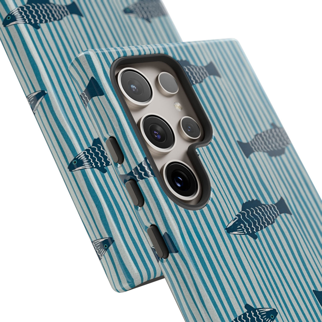Fish Pattern Tough Phone Case — Blue Striped Ocean Design