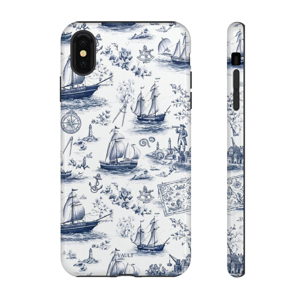Nautical Vintage Ship Tough Phone Case — Blue Toile Sailboat Pattern