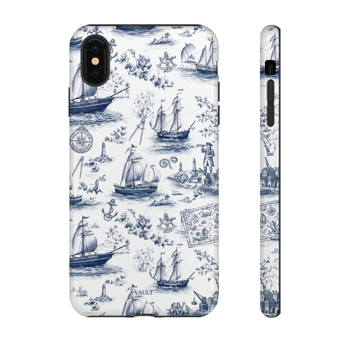 Nautical Vintage Ship Tough Phone Case — Blue Toile Sailboat Pattern