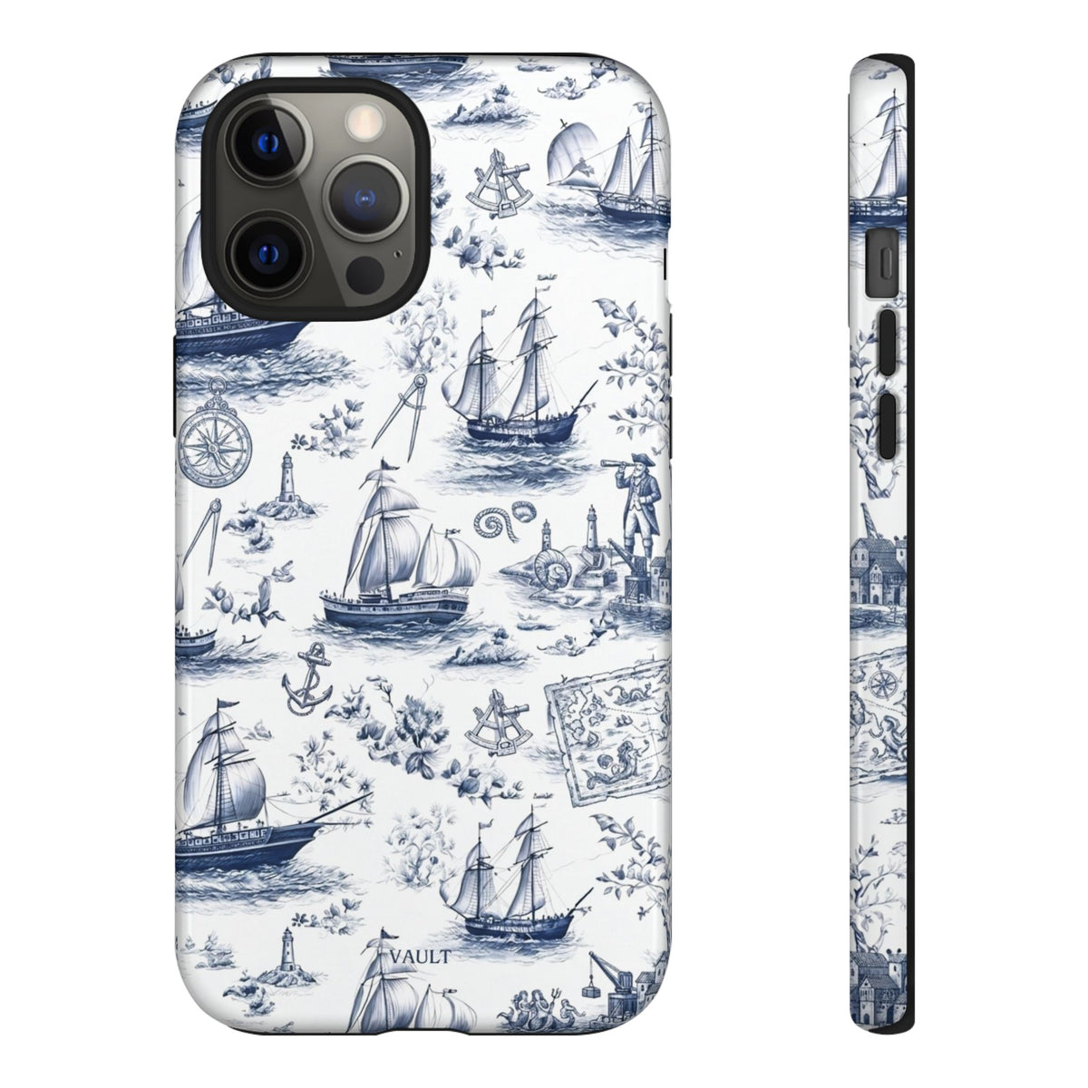 Nautical Vintage Ship Tough Phone Case — Blue Toile Sailboat Pattern