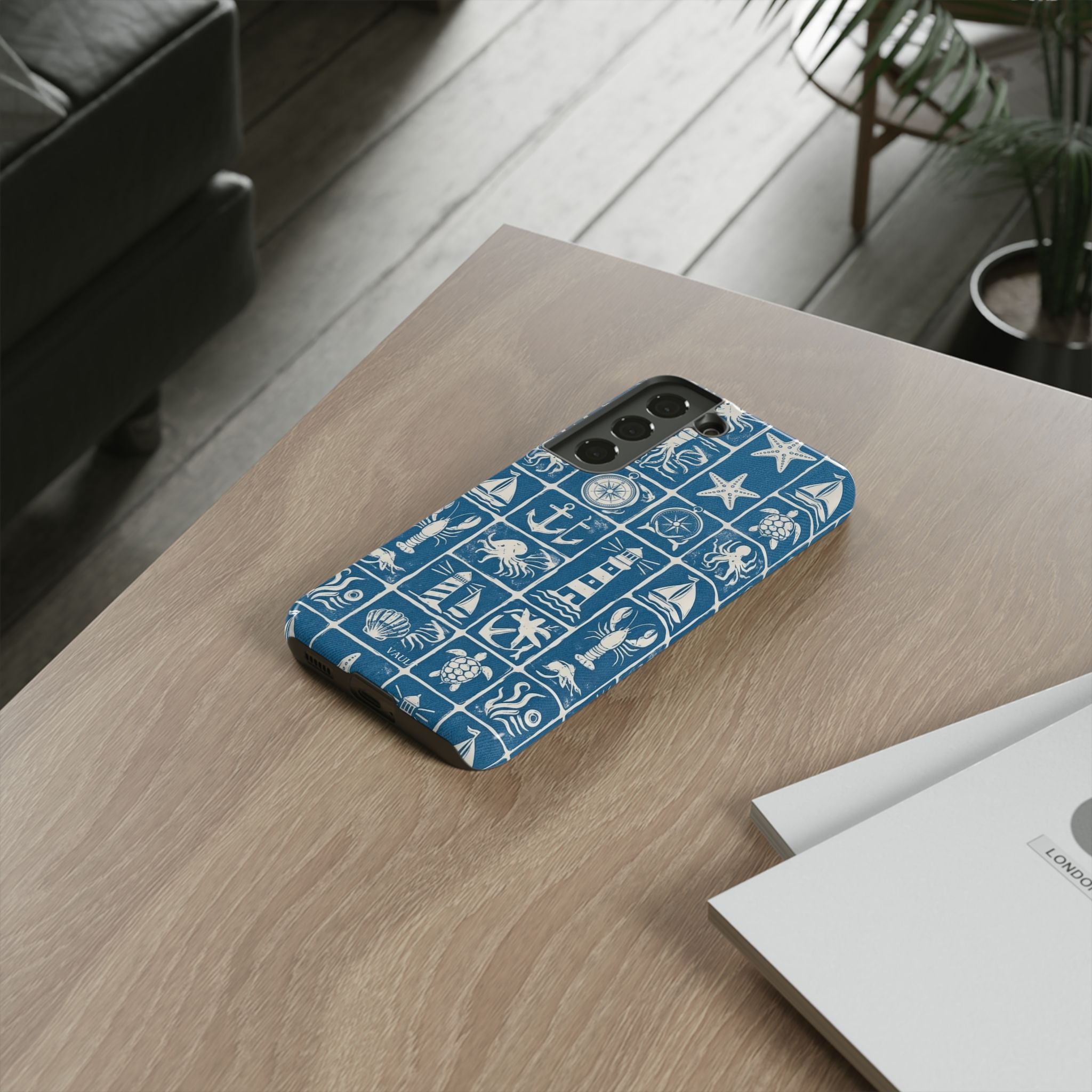 Nautical Tile Phone Case — Blue Coastal Icons (lighthouse, anchor, seashells)